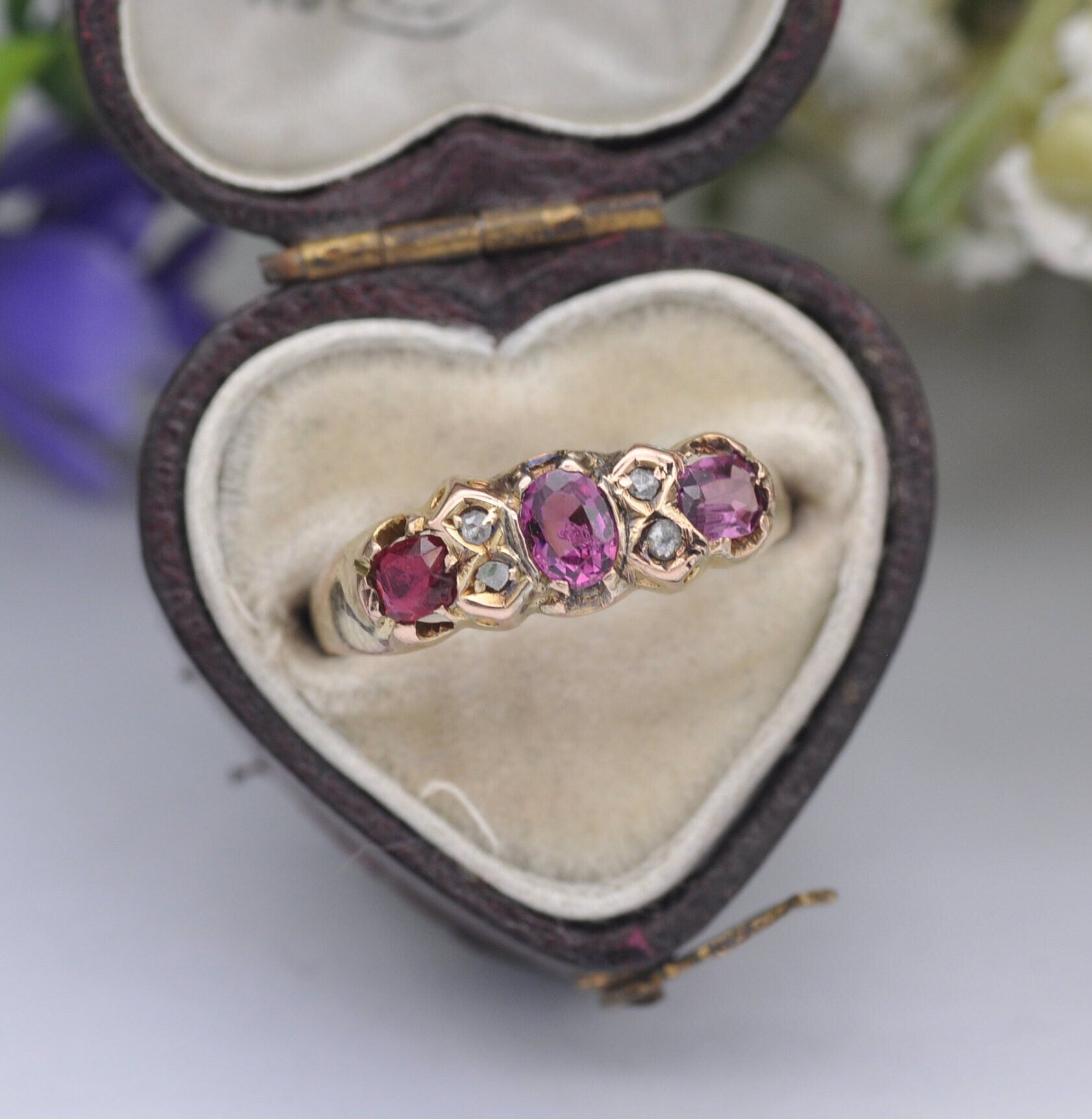 Antique 9ct Gold Amethyst Diamond Gypsy Ring - Three Stone Ring | UK Size - N 1/2 | US Size - 7