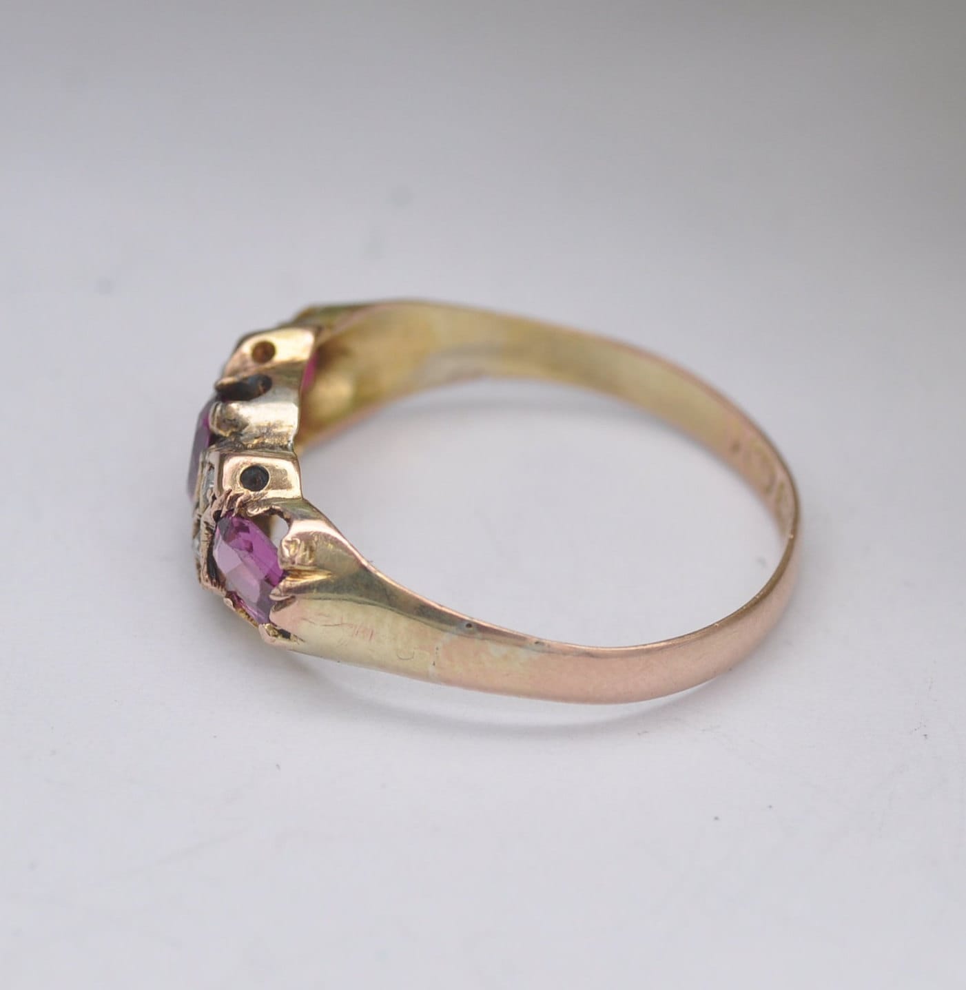 Antique 9ct Gold Amethyst Diamond Gypsy Ring - Three Stone Ring | UK Size - N 1/2 | US Size - 7