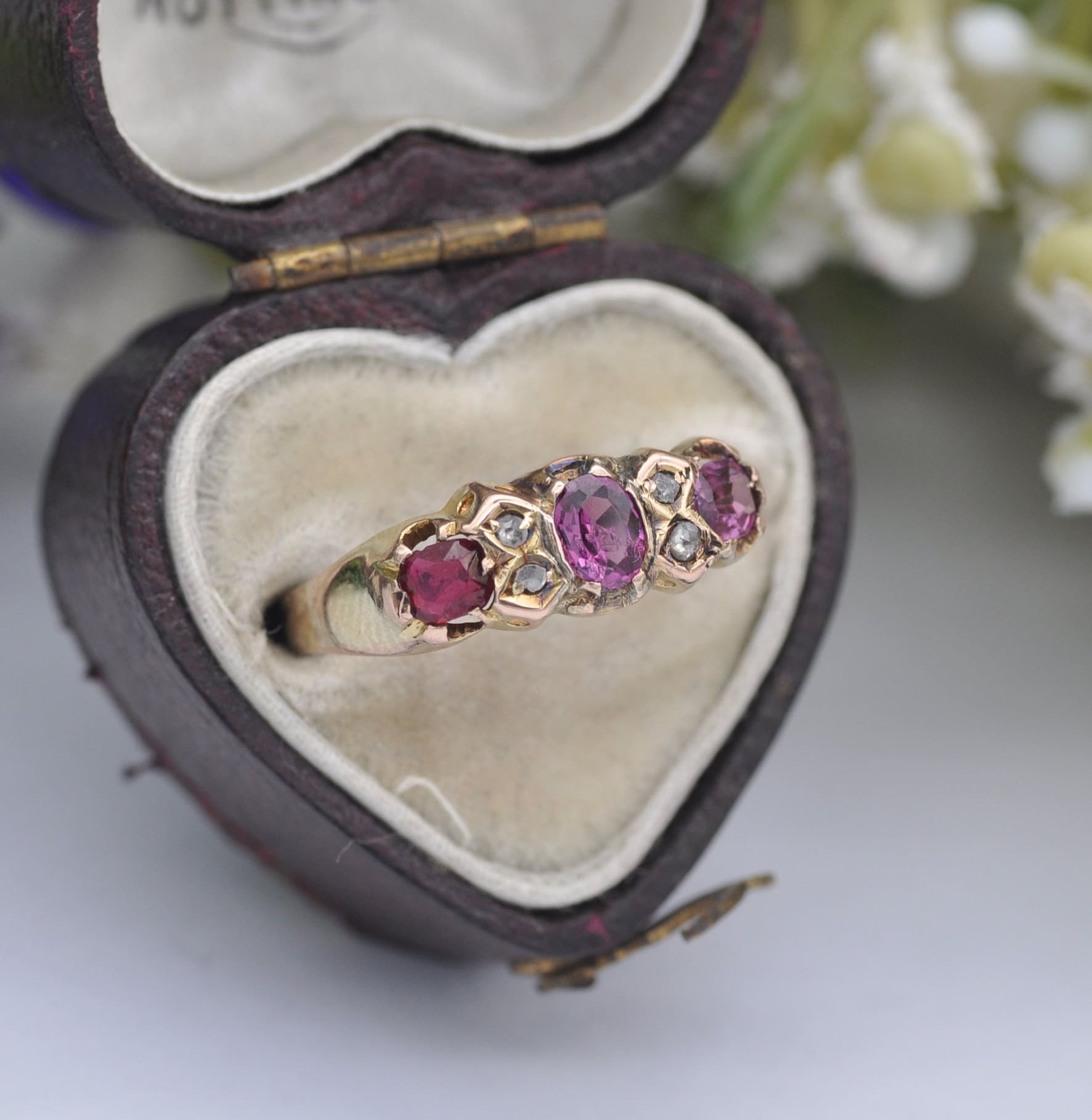 Antique 9ct Gold Amethyst Diamond Gypsy Ring - Three Stone Ring | UK Size - N 1/2 | US Size - 7