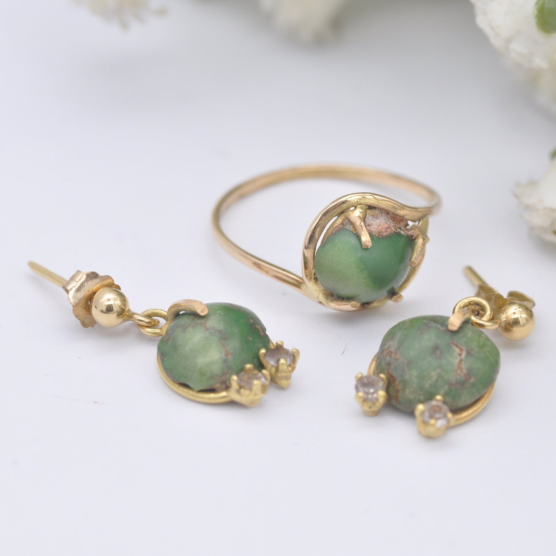 Vintage 18ct Gold Green Turquoise Ring and Earrings Set - Mid-Century Demi-Parure | Ring UK Size - N 1/2 | US Size - 7