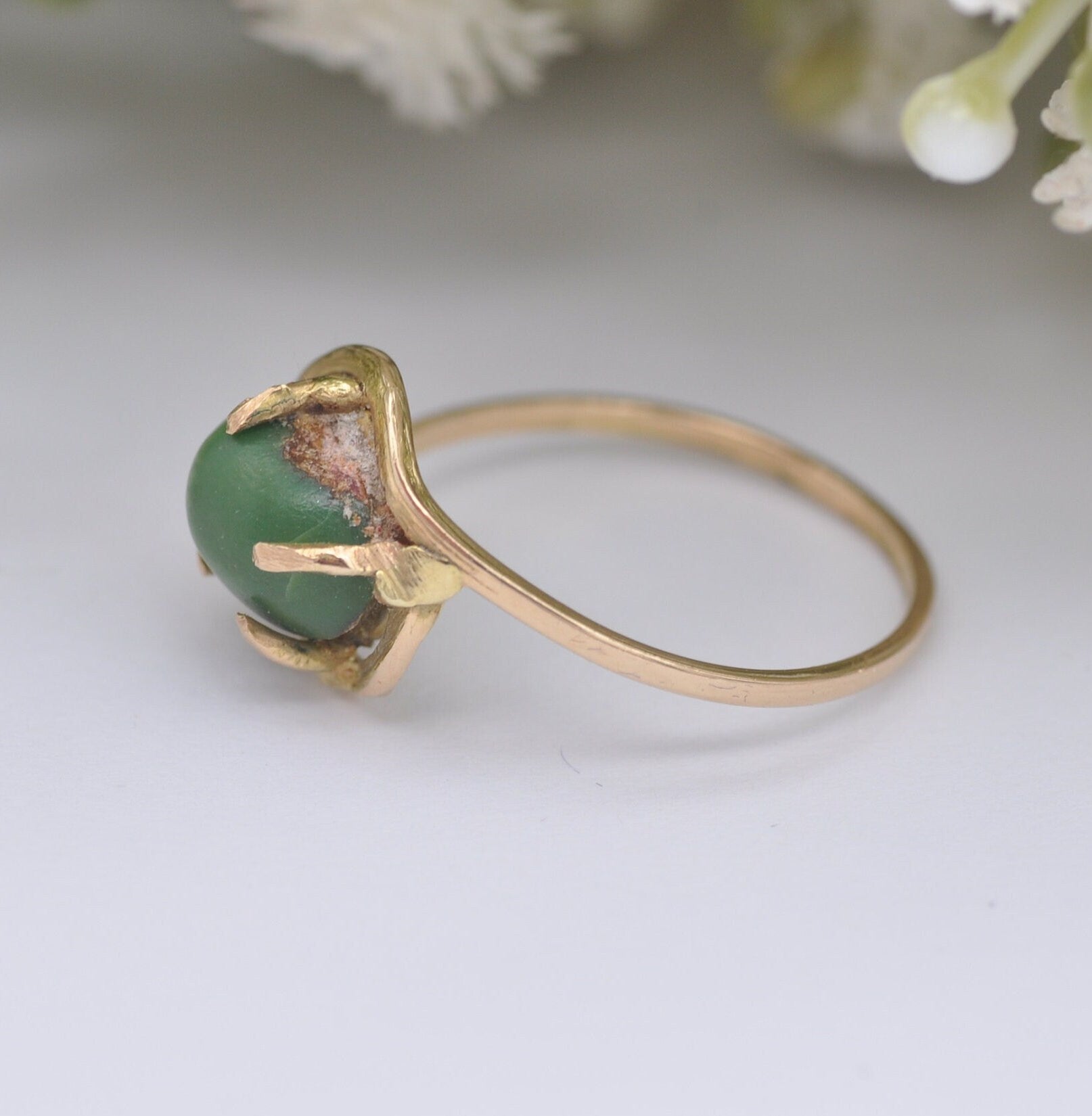 Vintage 18ct Gold Green Turquoise Ring and Earrings Set - Mid-Century Demi-Parure | Ring UK Size - N 1/2 | US Size - 7