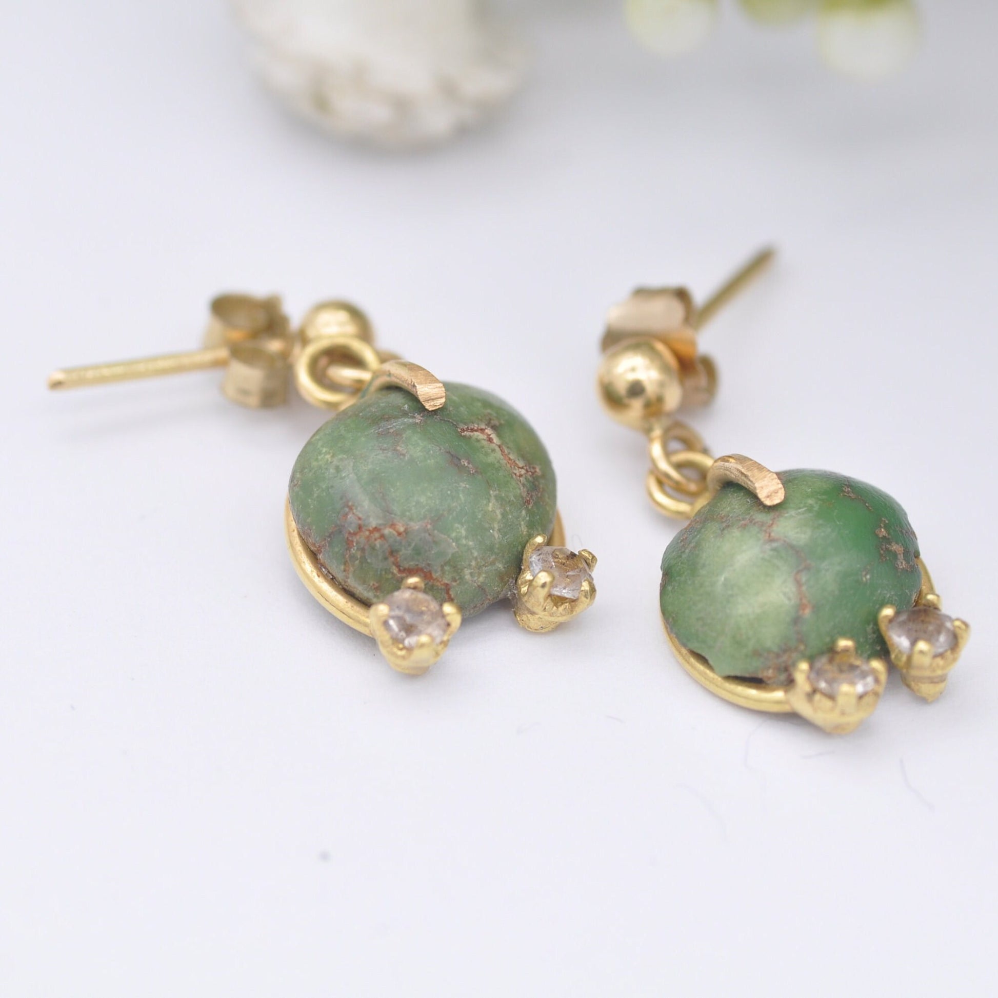 Vintage 18ct Gold Green Turquoise Ring and Earrings Set - Mid-Century Demi-Parure | Ring UK Size - N 1/2 | US Size - 7