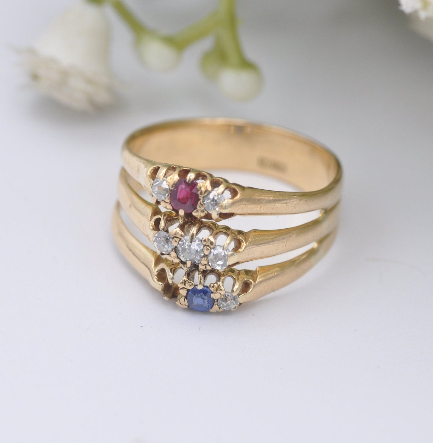 Vintage 18ct Gold Diamond Ruby Sapphire Three Band Stacker Ring - Multi Stone Statement Ring | UK Size - O 1/2 | US Size - 7 1/2