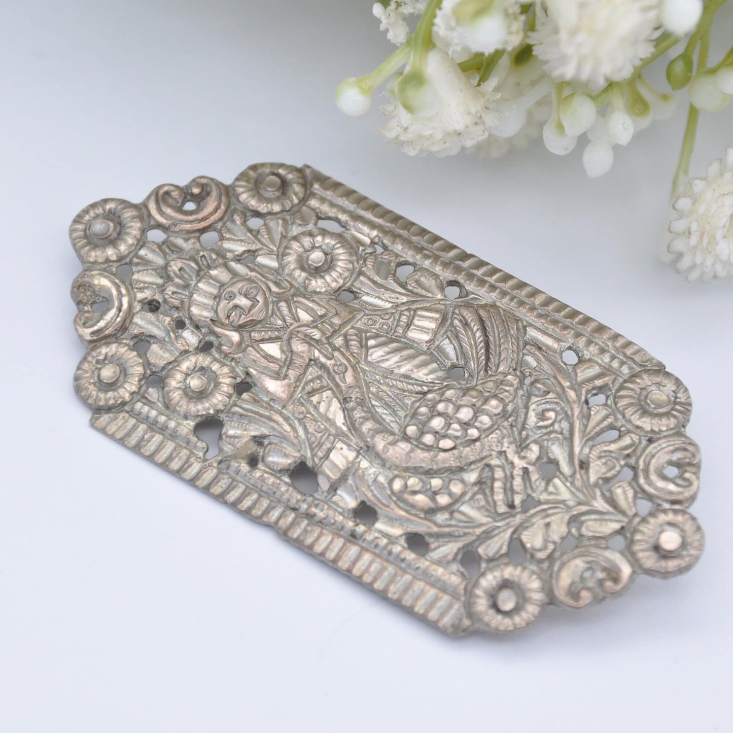 Vintage Indonesian Brooch with Goose and God - Silver Tone | Engraved Openwork