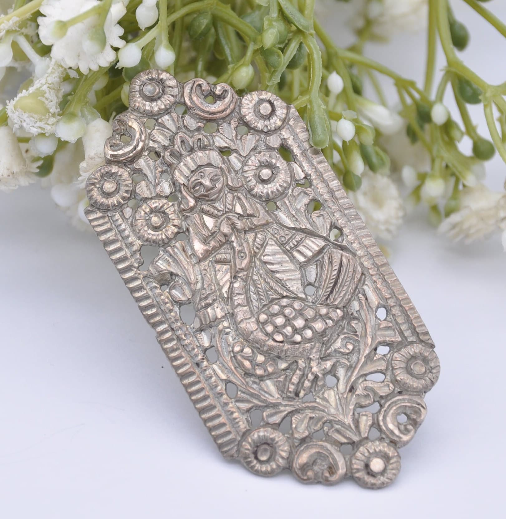 Vintage Indonesian Brooch with Goose and God - Silver Tone | Engraved Openwork