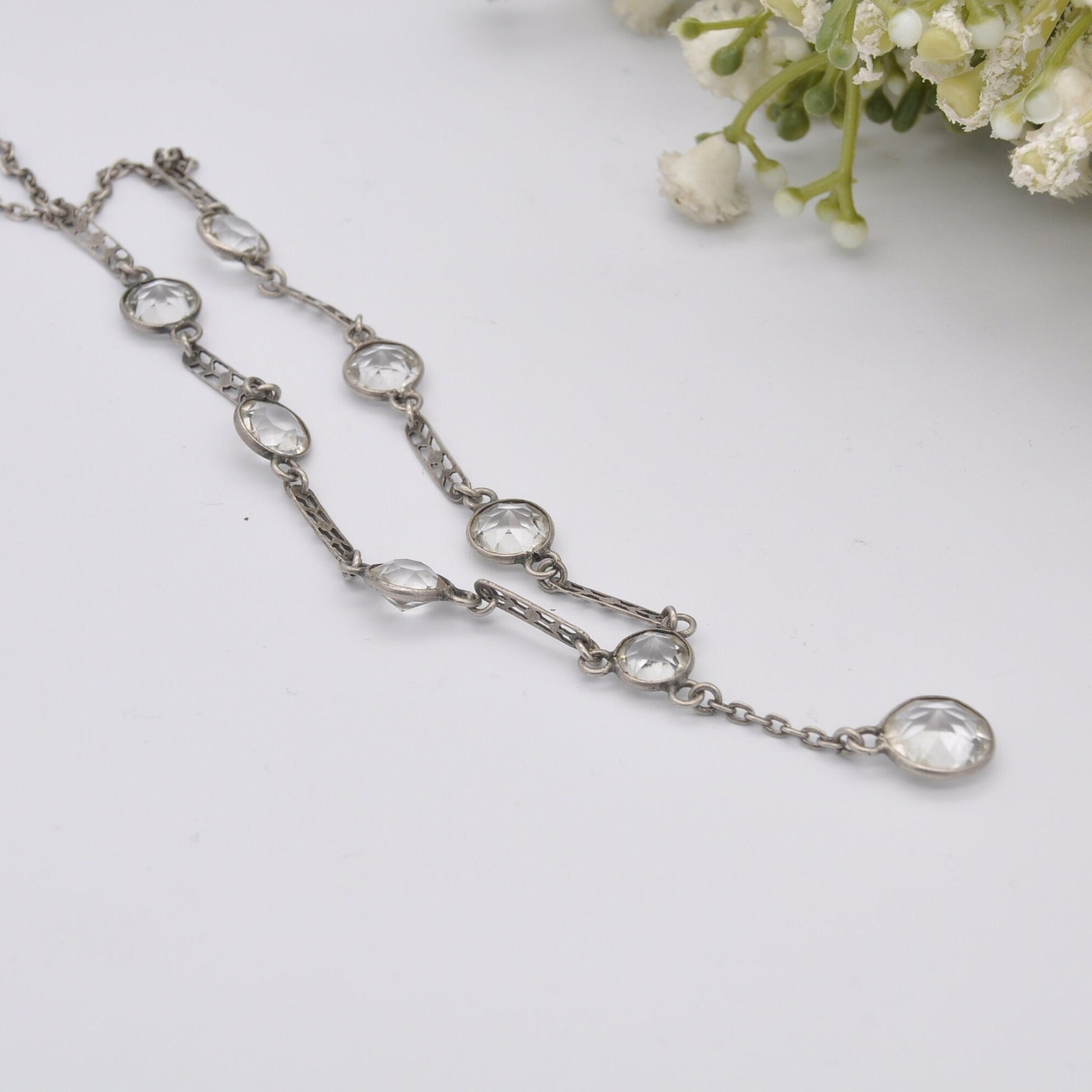 Vintage Art Deco Silver Necklace with Paste - Floral Bar Spacers | Long Drop