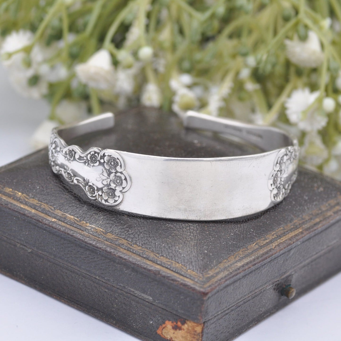 Antique Gorham Sterling Silver Cutlery Torque Bangle Bracelet with Flower Embossing