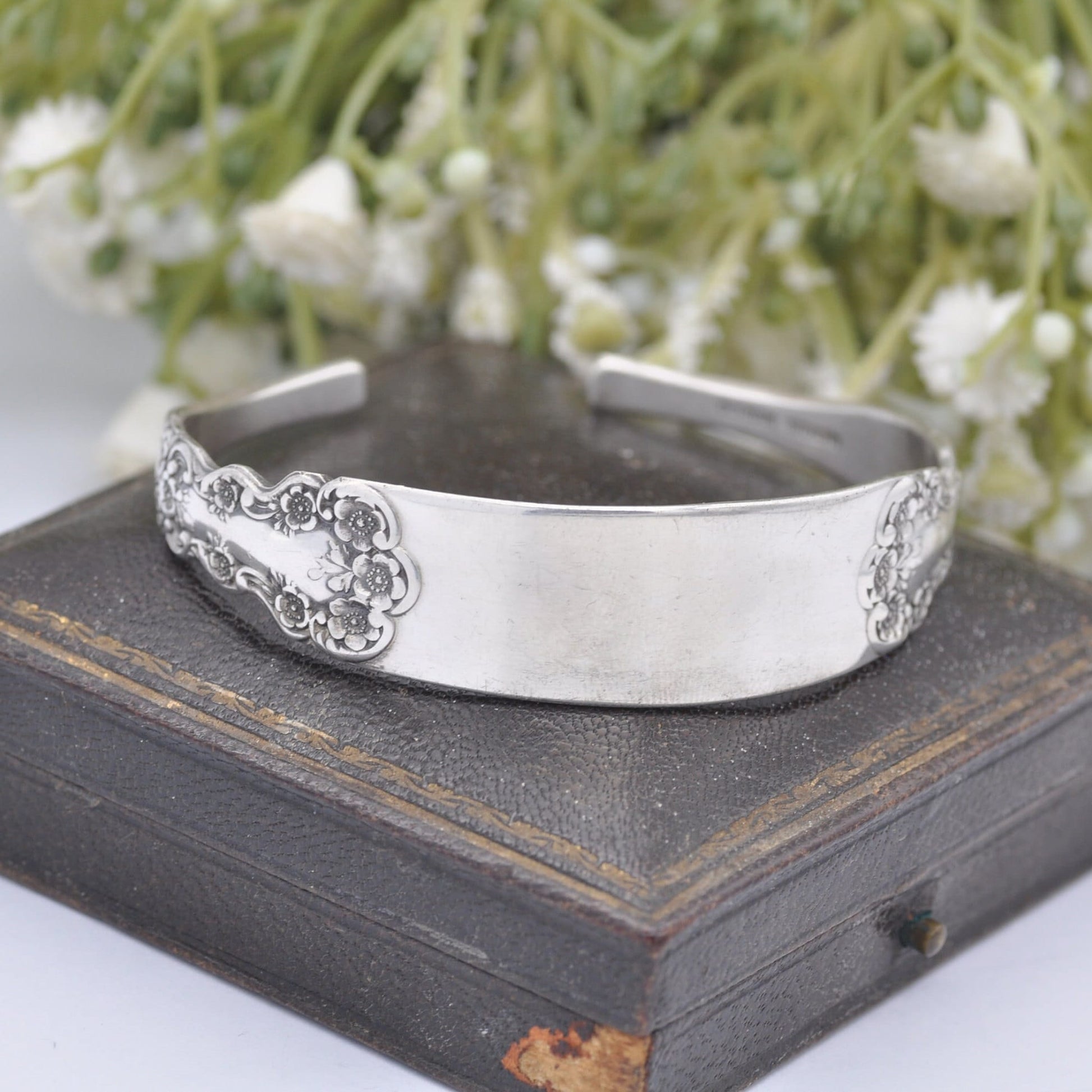 Antique Gorham Sterling Silver Cutlery Torque Bangle Bracelet with Flower Embossing