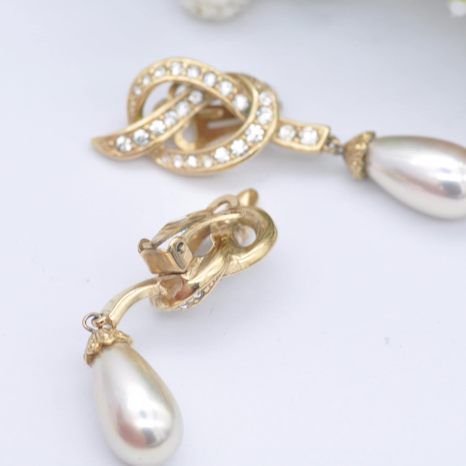 Vintage Attwood and Sawyer Clip-On Earrings with Faux Pearl Drops A&S - Sparkly Rhinestone Clip Ons