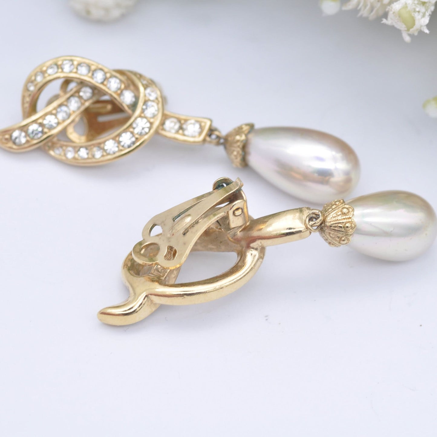 Vintage Attwood and Sawyer Clip-On Earrings with Faux Pearl Drops A&S - Sparkly Rhinestone Clip Ons