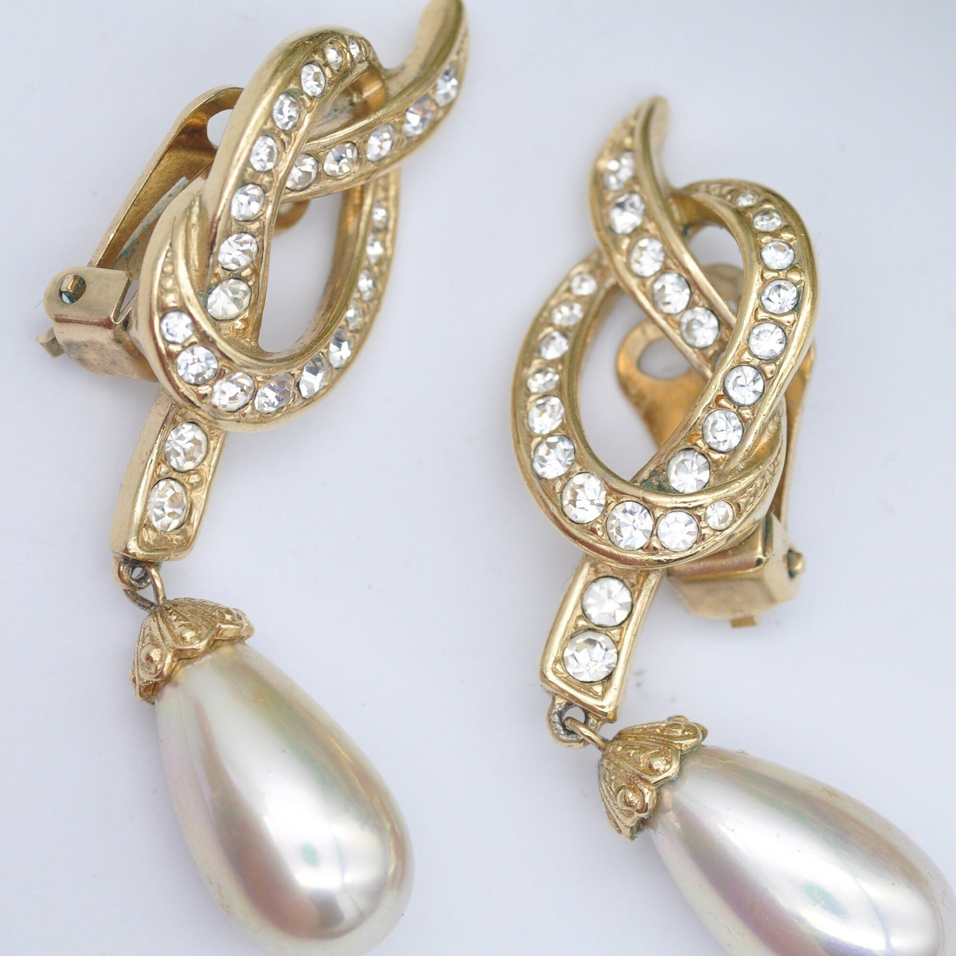 Vintage Attwood and Sawyer Clip-On Earrings with Faux Pearl Drops A&S - Sparkly Rhinestone Clip Ons