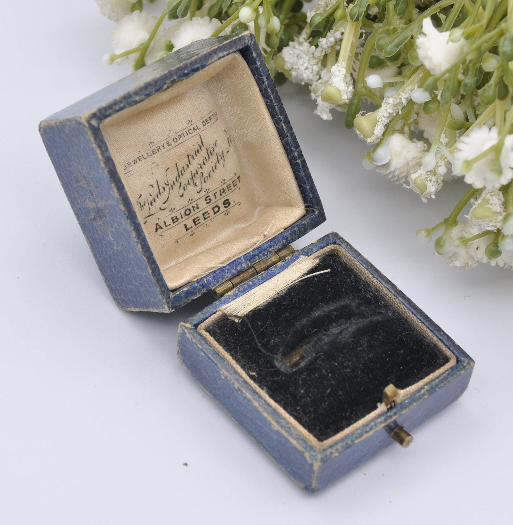 Vintage Blue Leather Ring Box - Leeds Industrial Co-operative Society | Albion Street Jewellers
