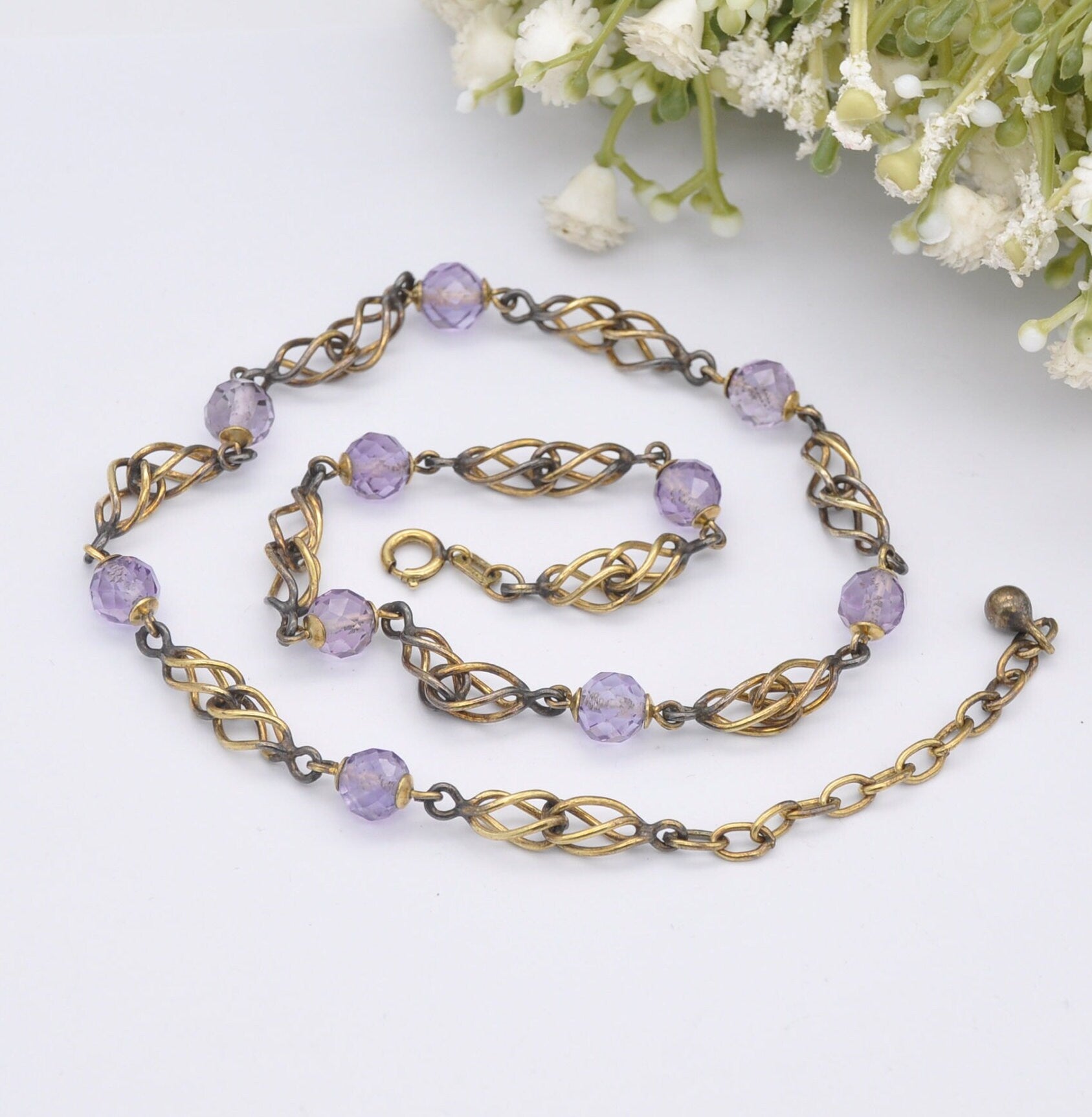 Vintage Rolled Gold Faceted Amethyst Bead Necklace