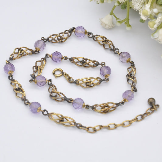 Vintage Rolled Gold Faceted Amethyst Bead Necklace