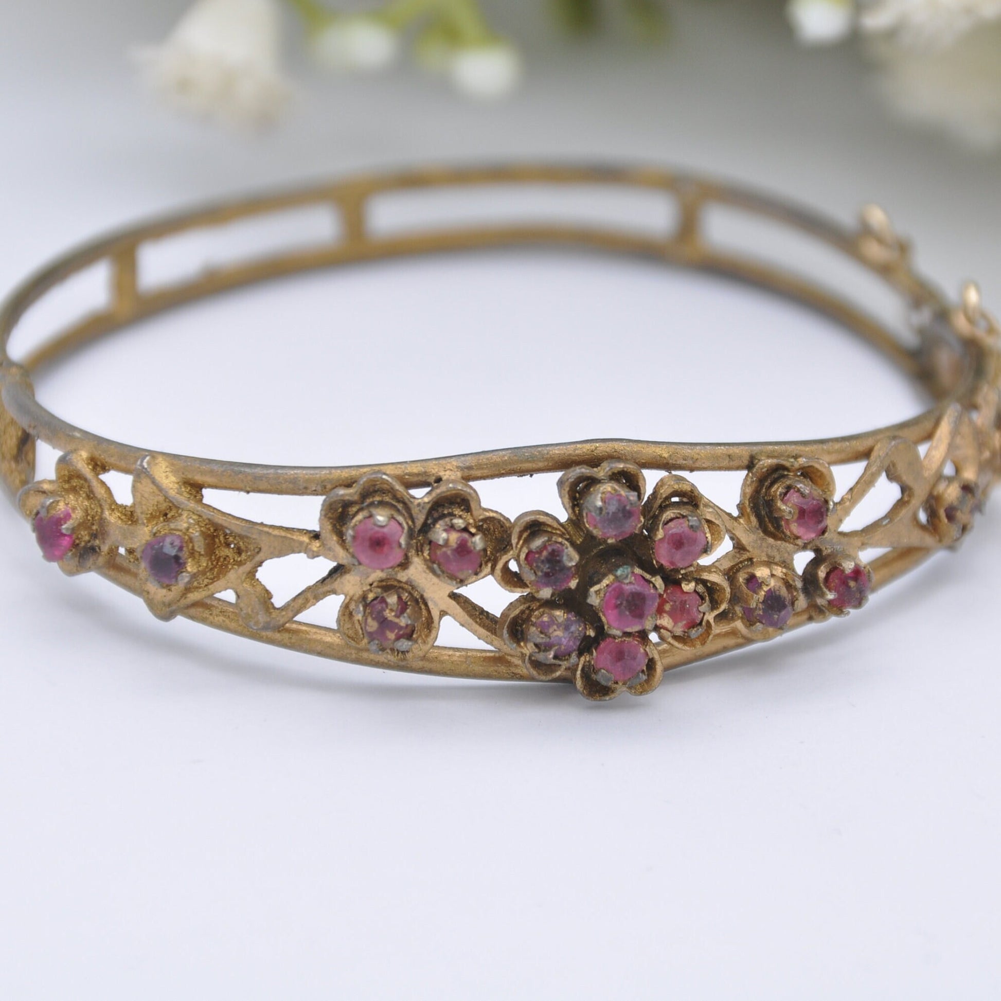 Antique Victorian Red Paste Flower Bangle Bracelet