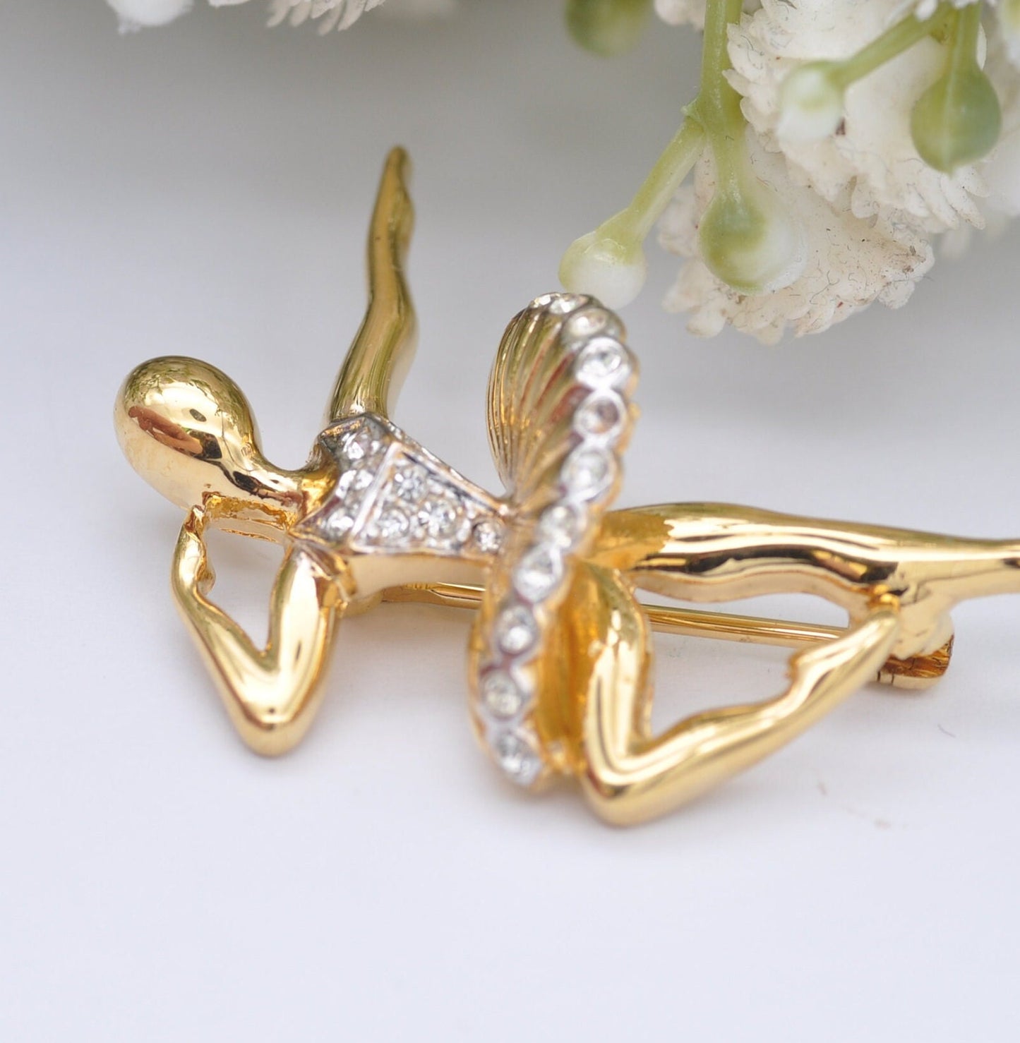 Vintage D'Orlan Ballerina Brooch - Rhinestone Gold Tone Dancer Pin