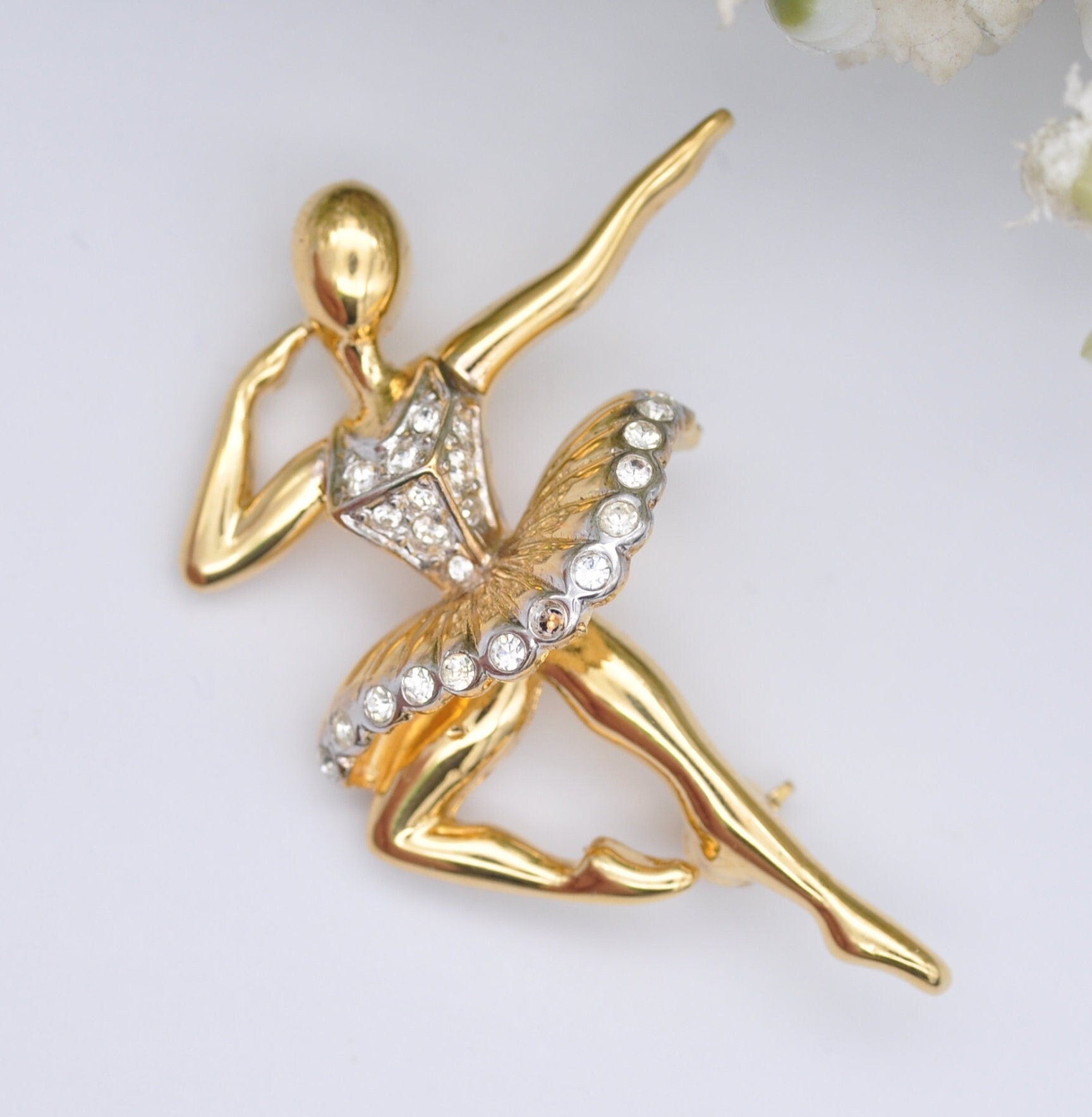 Vintage D'Orlan Ballerina Brooch - Rhinestone Gold Tone Dancer Pin