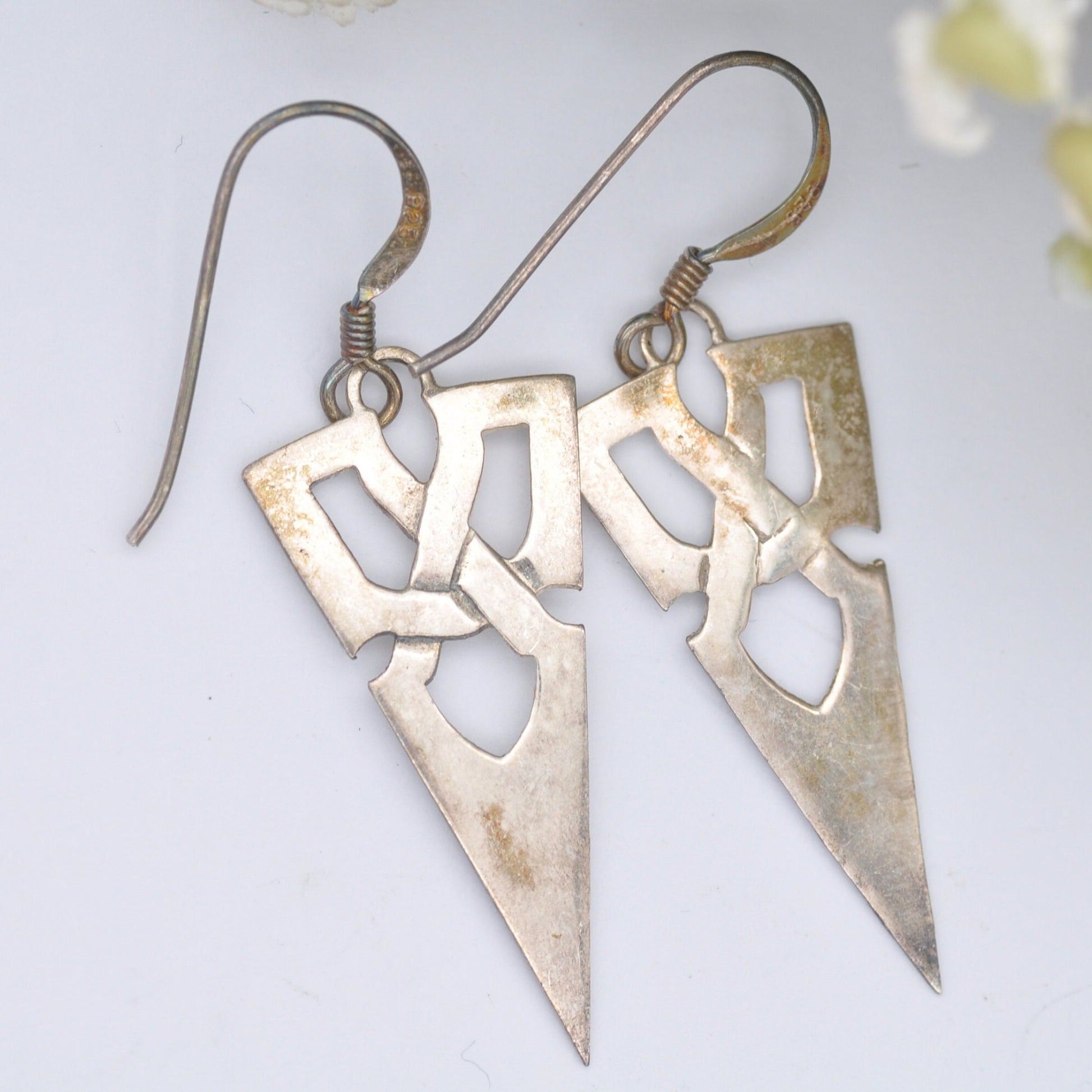 Vintage Sterling Silver Celtic Cross Drop Earrings - Viking Arrowhead Design