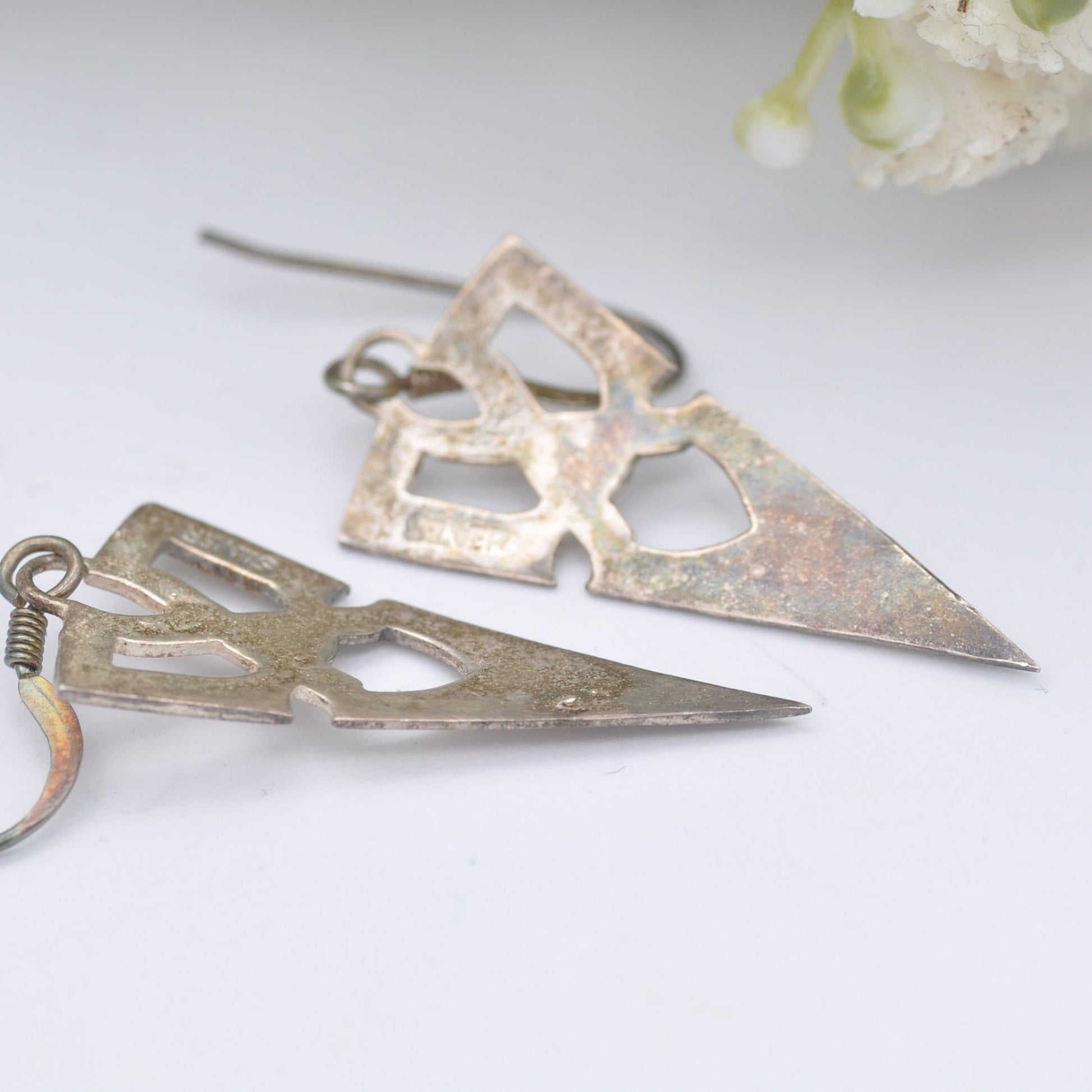 Vintage Sterling Silver Celtic Cross Drop Earrings - Viking Arrowhead Design