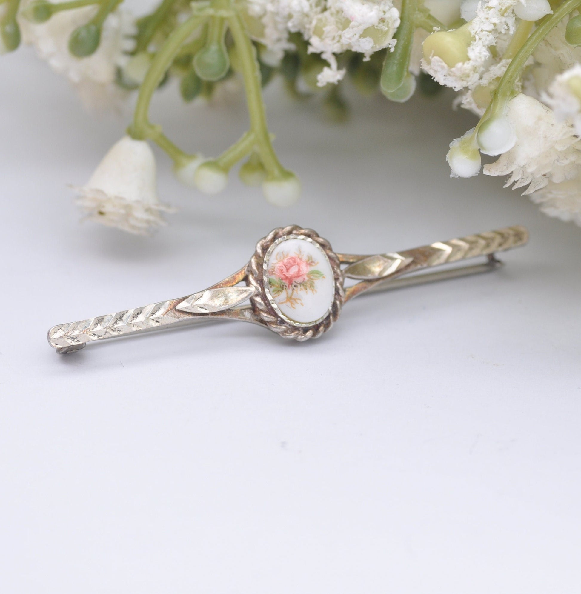 Vintage Silver Flower Bar Brooch - Painted Pink Rose