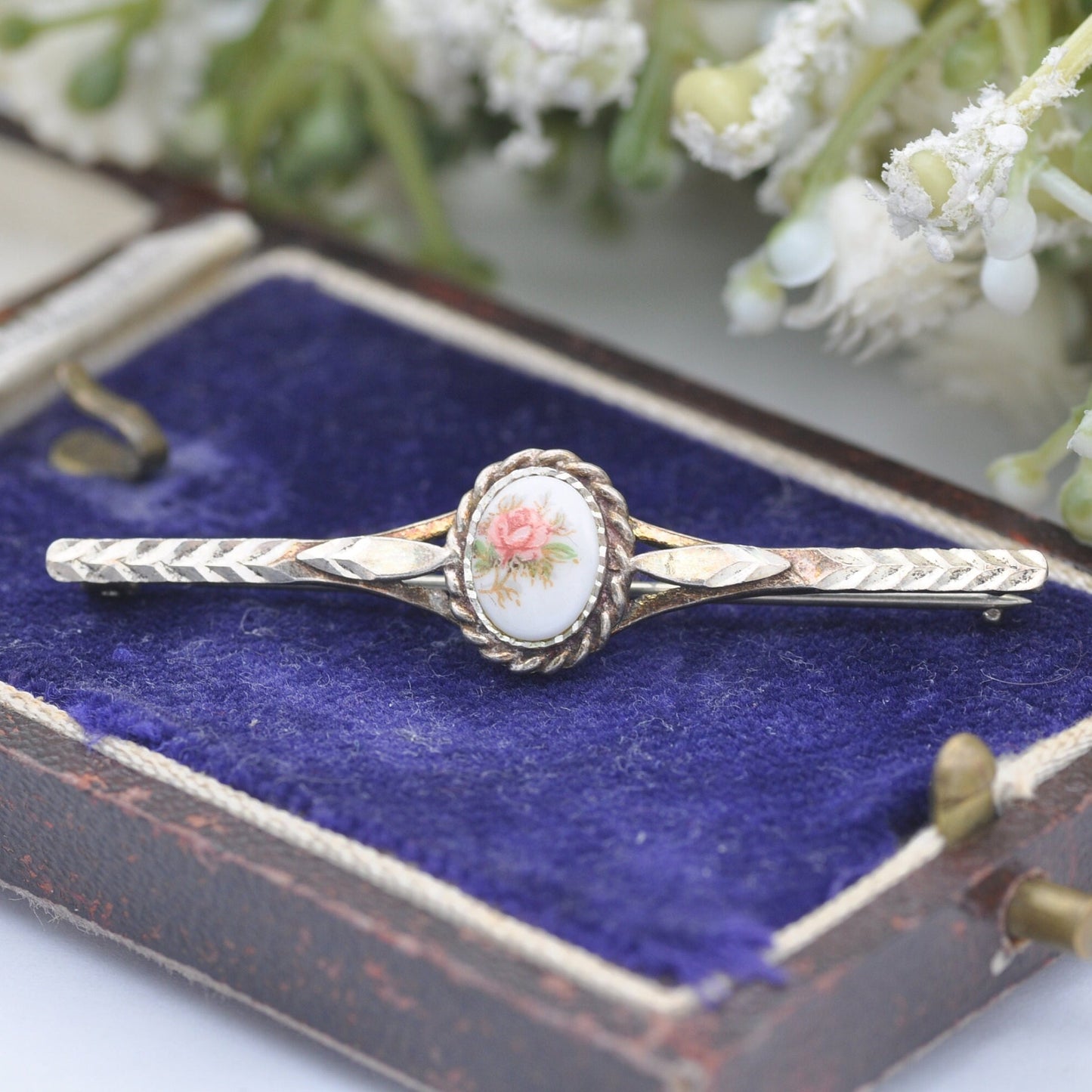 Vintage Silver Flower Bar Brooch - Painted Pink Rose