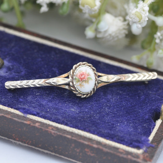 Vintage Silver Flower Bar Brooch - Painted Pink Rose