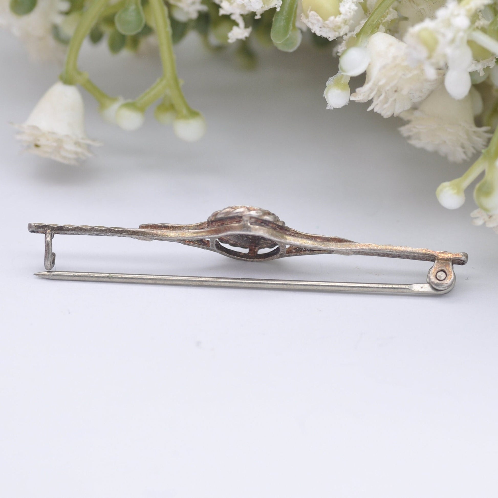 Vintage Silver Flower Bar Brooch - Painted Pink Rose