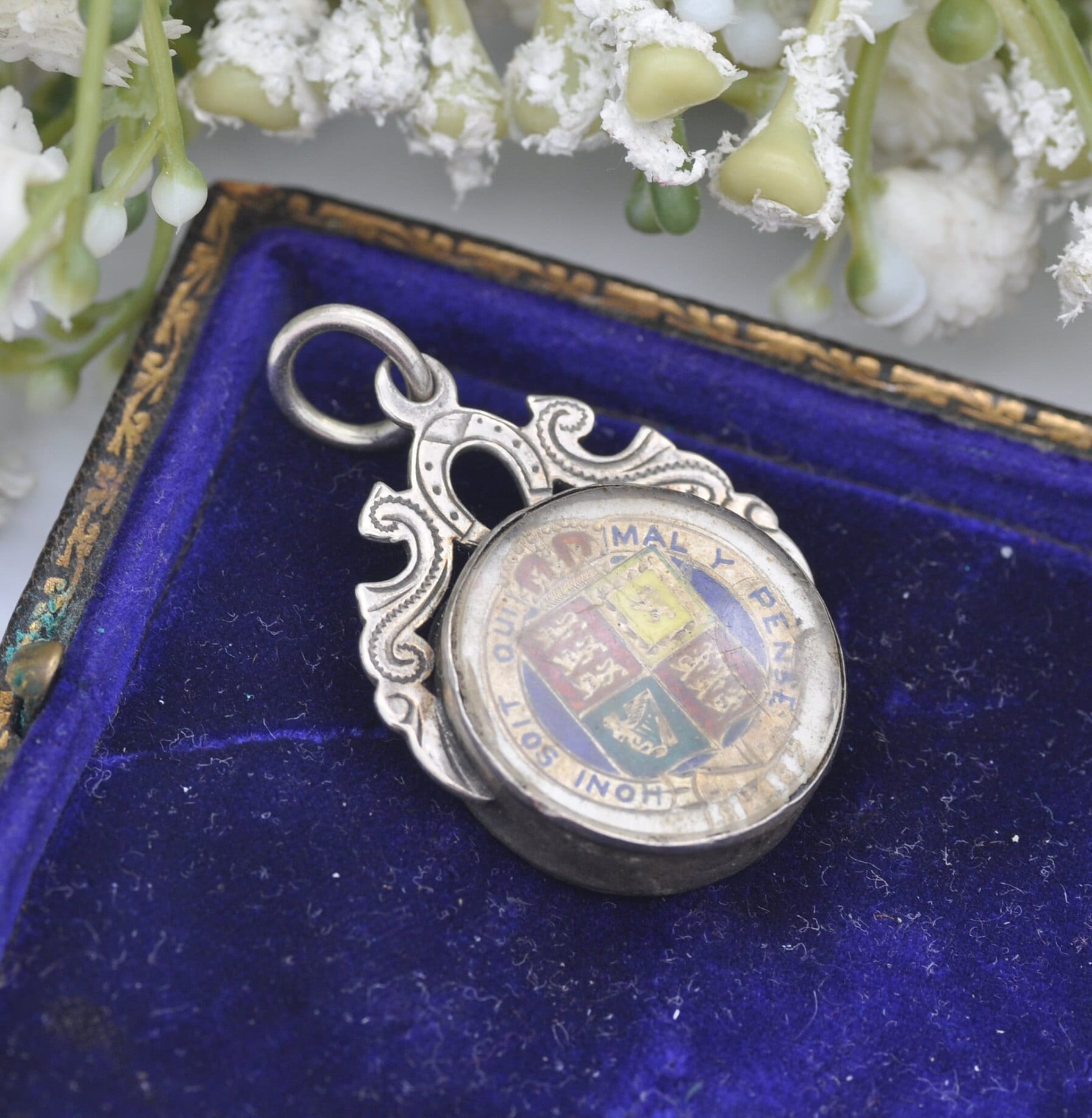 Antique Victorian Sterling Silver 1887 One Shilling Enamelled Coin in Sterling Silver Lucky Horseshoe Fob Mount 1891