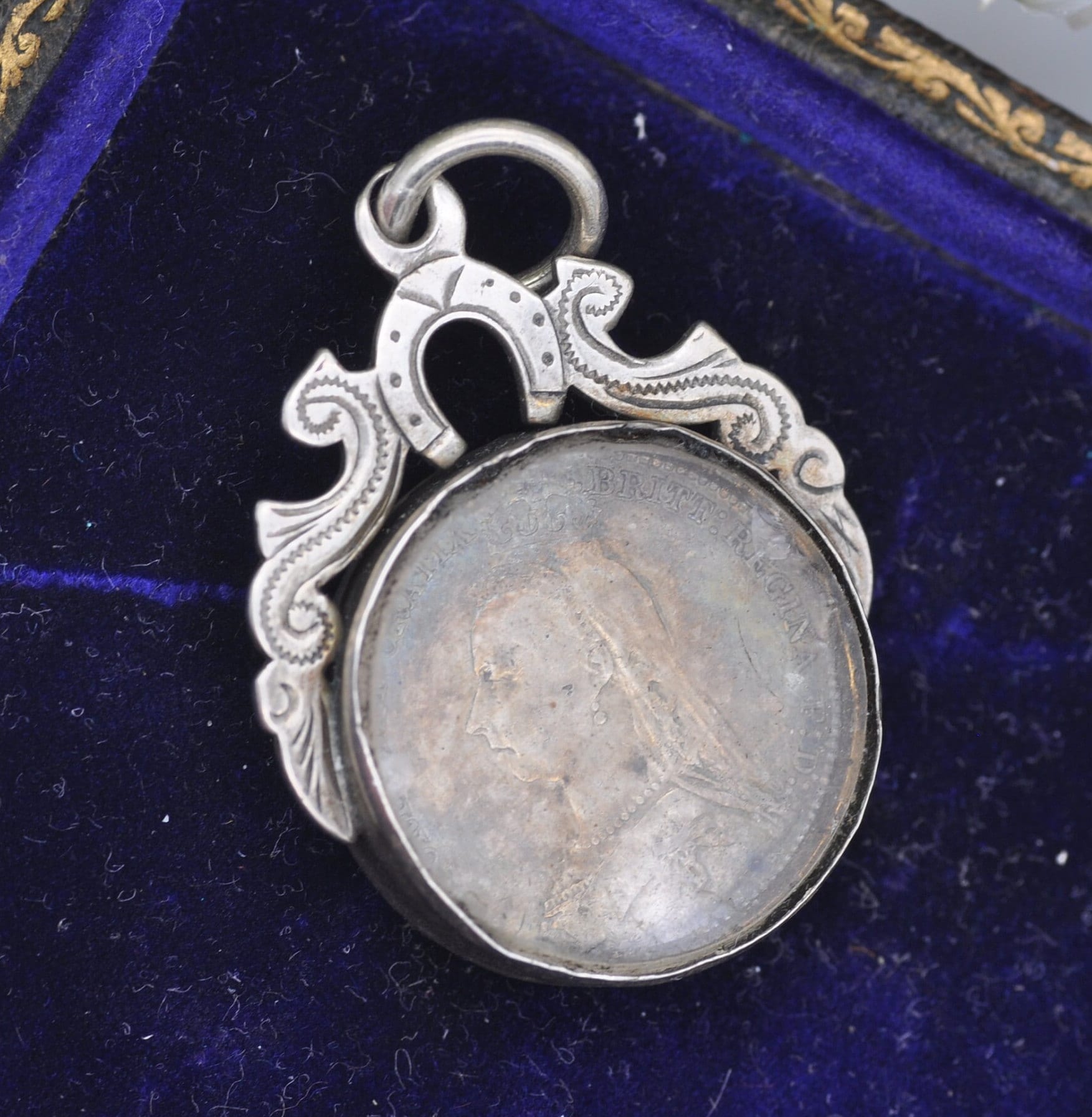 Antique Victorian Sterling Silver 1887 One Shilling Enamelled Coin in Sterling Silver Lucky Horseshoe Fob Mount 1891