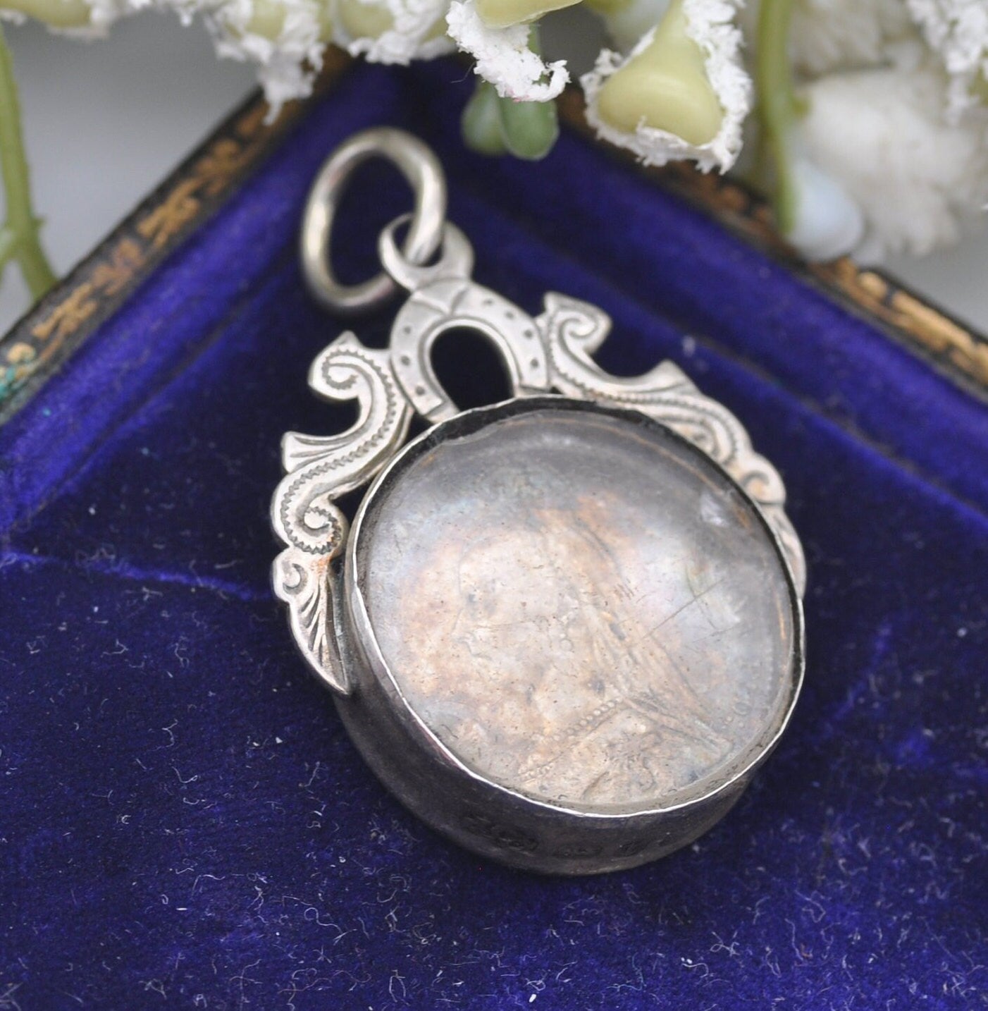 Antique Victorian Sterling Silver 1887 One Shilling Enamelled Coin in Sterling Silver Lucky Horseshoe Fob Mount 1891