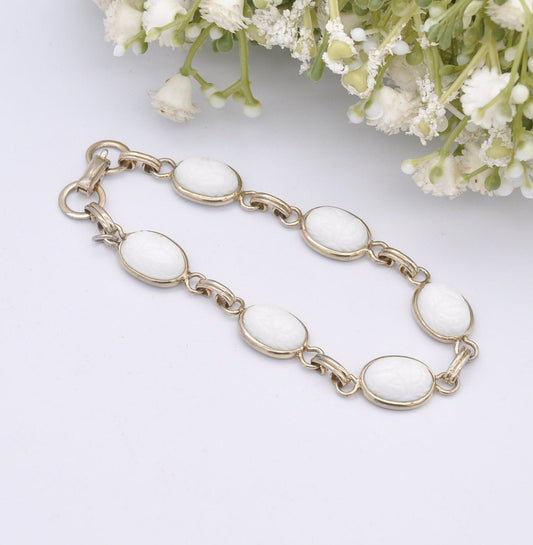 Vintage Coro Scarab Beetle Bracelet - Egyptian Revival | White Pressed Glass
