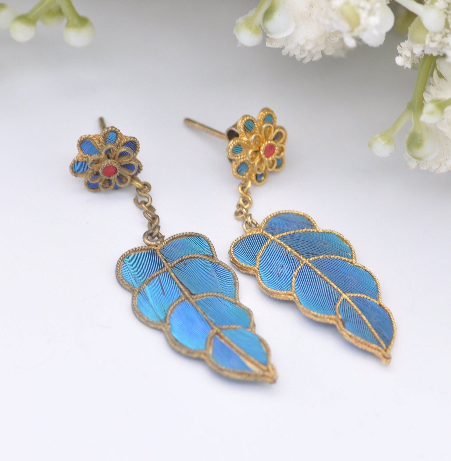 Vintage Kingfisher Feather Earrings - Flower Stud Drops | Chinese Kingfisher Wing