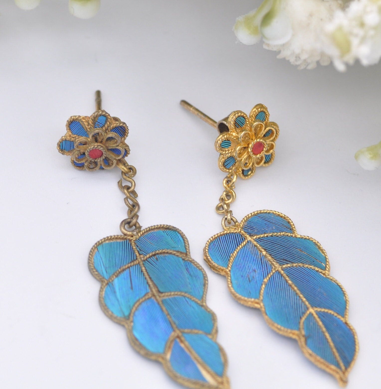 Vintage Kingfisher Feather Earrings - Flower Stud Drops | Chinese Kingfisher Wing