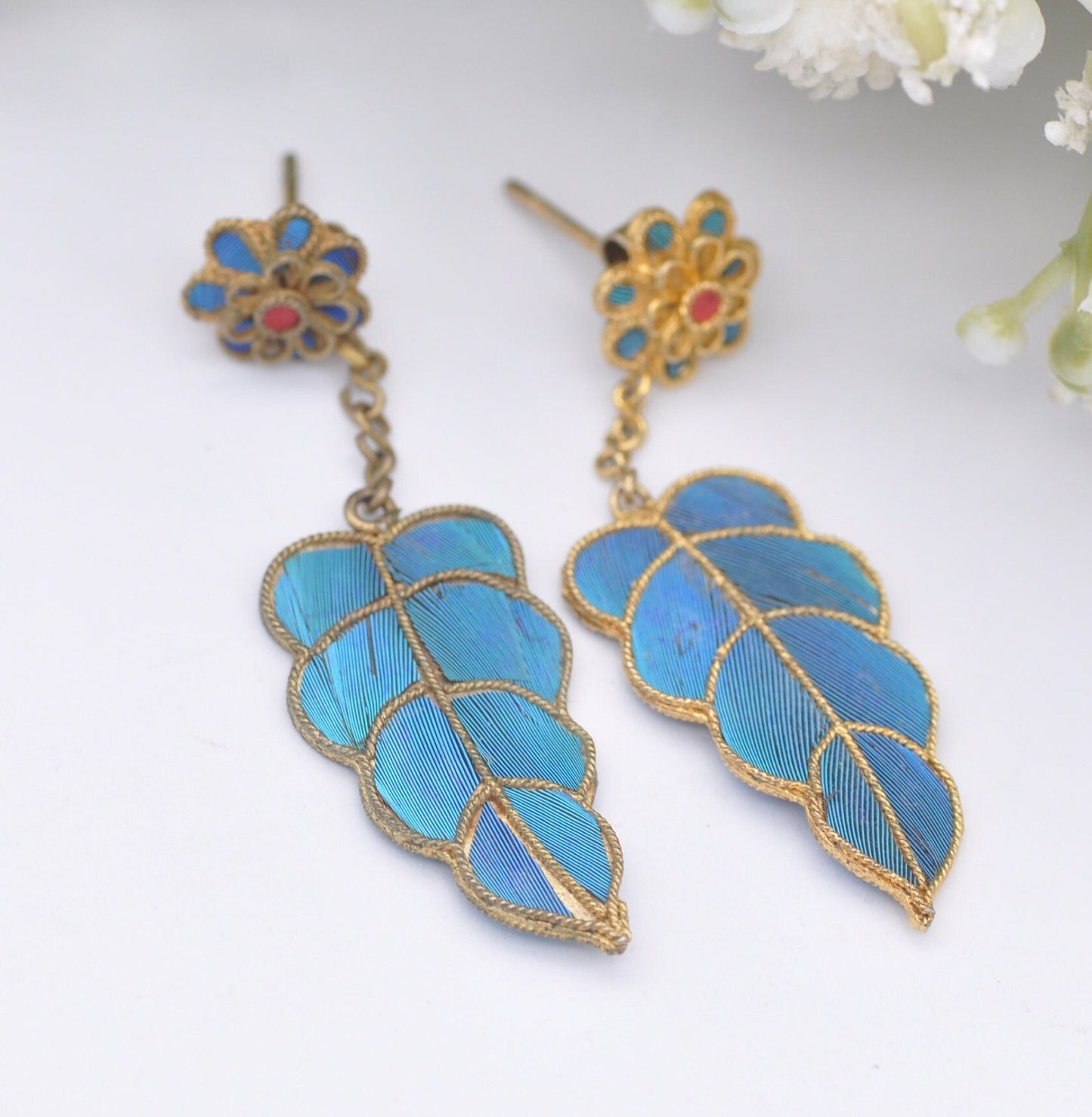 Vintage Kingfisher Feather Earrings - Flower Stud Drops | Chinese Kingfisher Wing