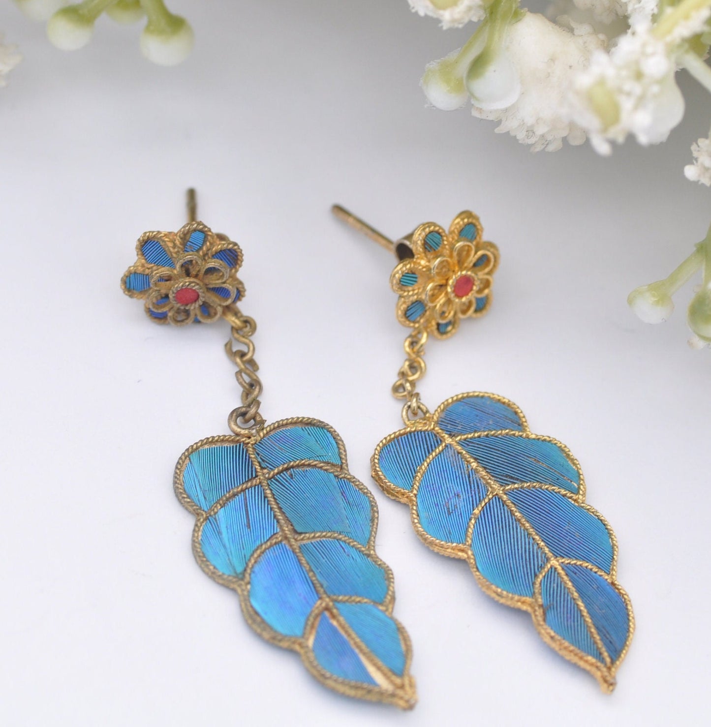 Vintage Kingfisher Feather Earrings - Flower Stud Drops | Chinese Kingfisher Wing