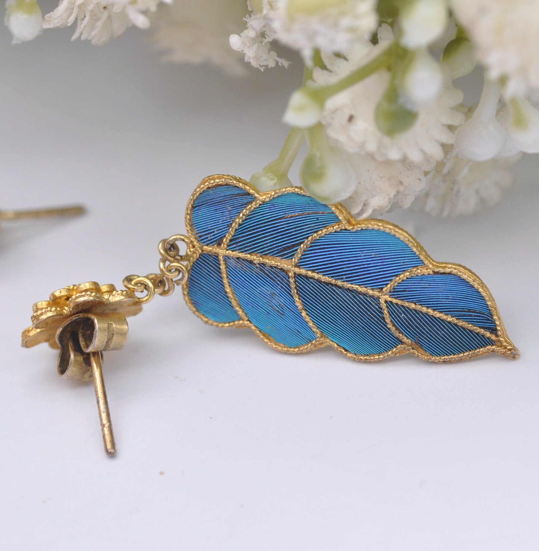 Vintage Kingfisher Feather Earrings - Flower Stud Drops | Chinese Kingfisher Wing