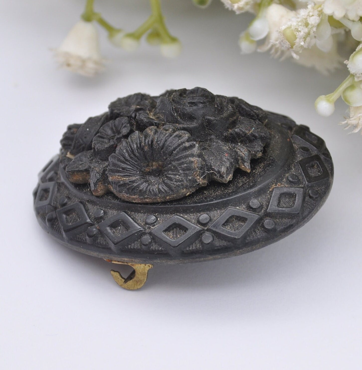 Antique Victorian Pressed Horn Black Mourning Brooch with Flower Design