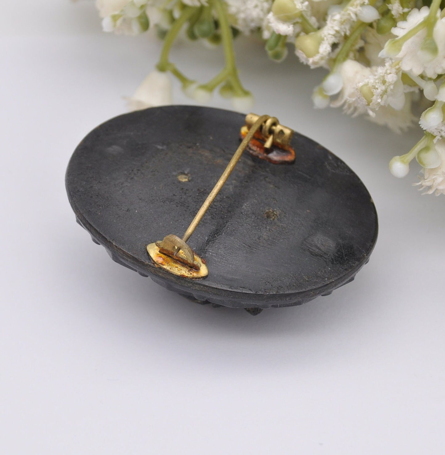 Antique Victorian Pressed Horn Black Mourning Brooch with Flower Design