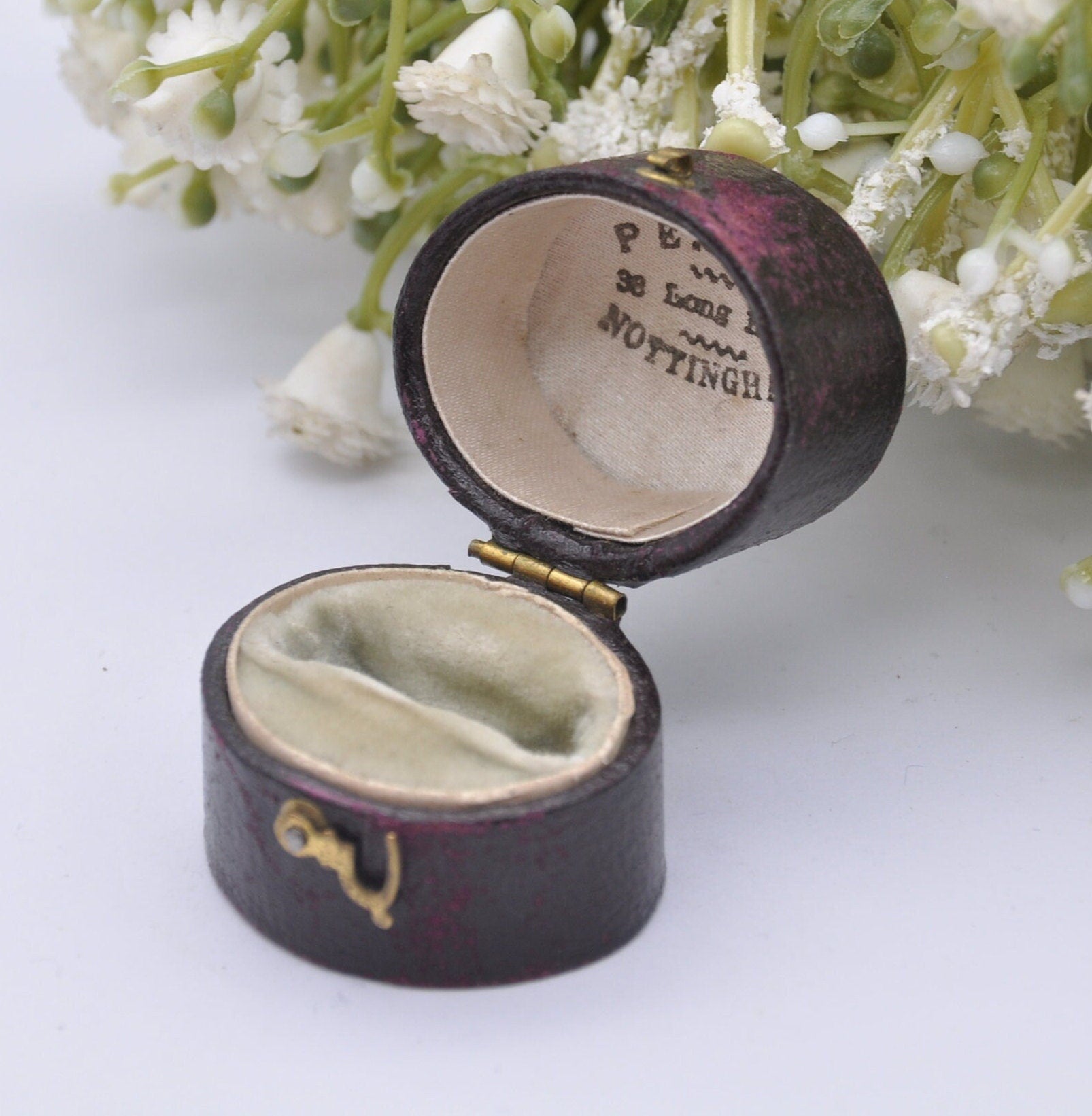 Antique Leather Oval Ring Box with Clasp Front - Pearce Nottingham Jewellers | Silk and Velvet Lined