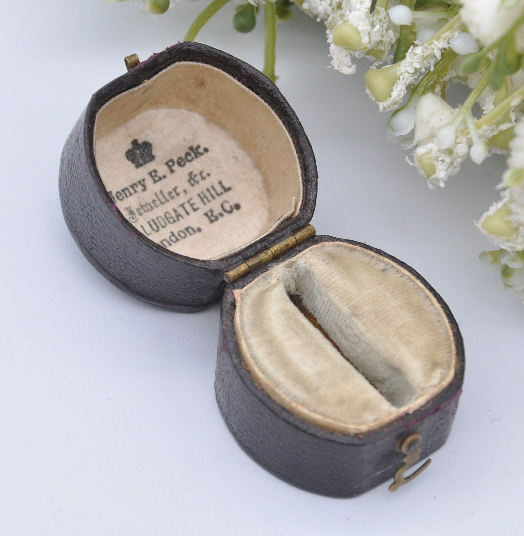 Antique Leather Squared Oval Ring Box with Clasp Front - Henry E. Peck London Jewellers | Silk and Velvet Lined