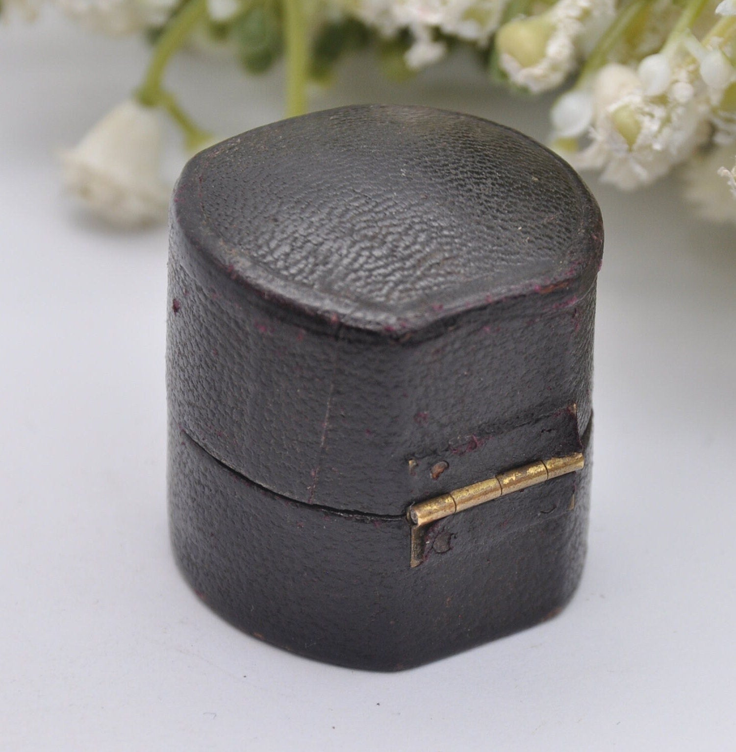 Antique Leather Squared Oval Ring Box with Clasp Front - Henry E. Peck London Jewellers | Silk and Velvet Lined