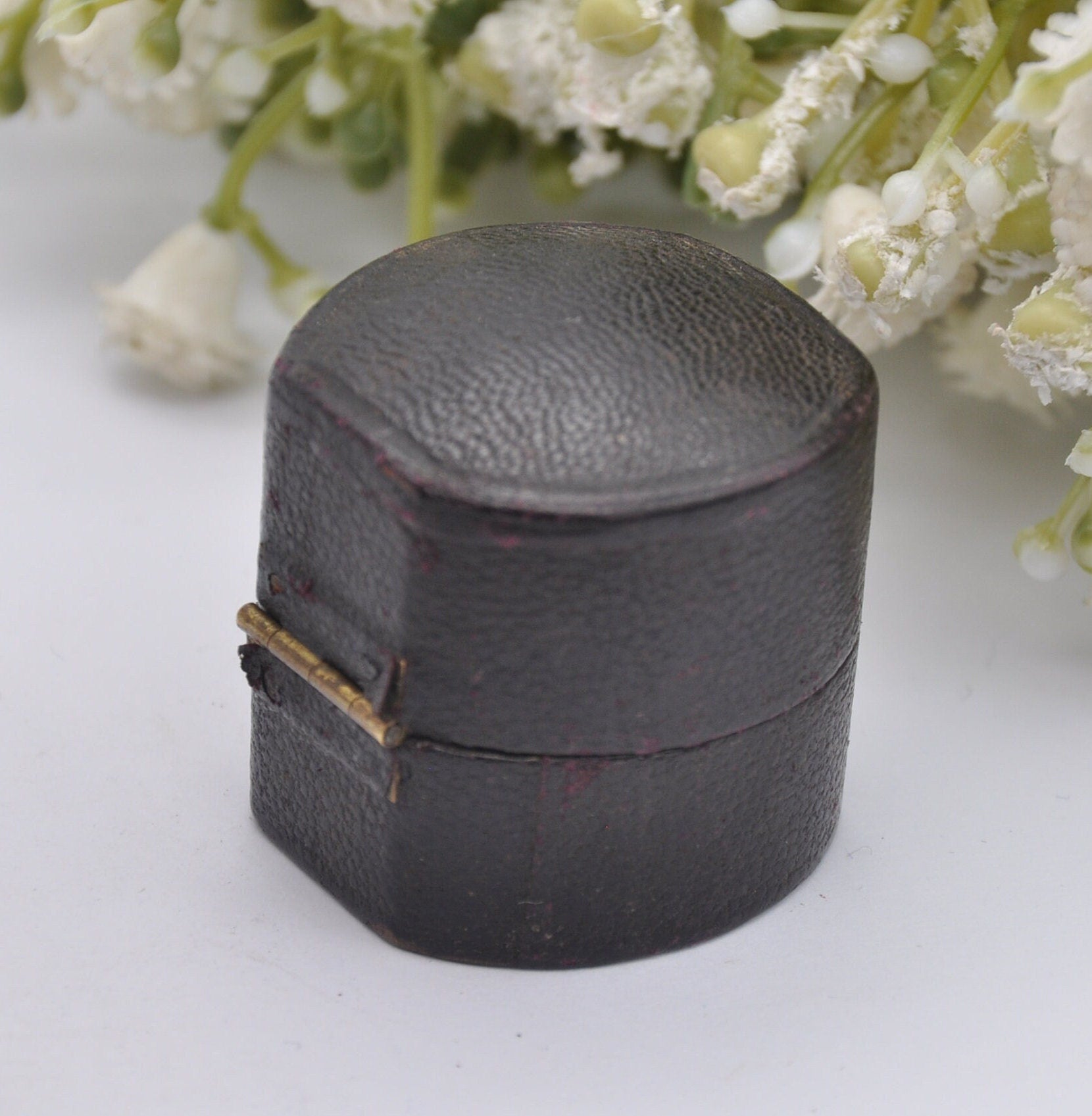 Antique Leather Squared Oval Ring Box with Clasp Front - Henry E. Peck London Jewellers | Silk and Velvet Lined