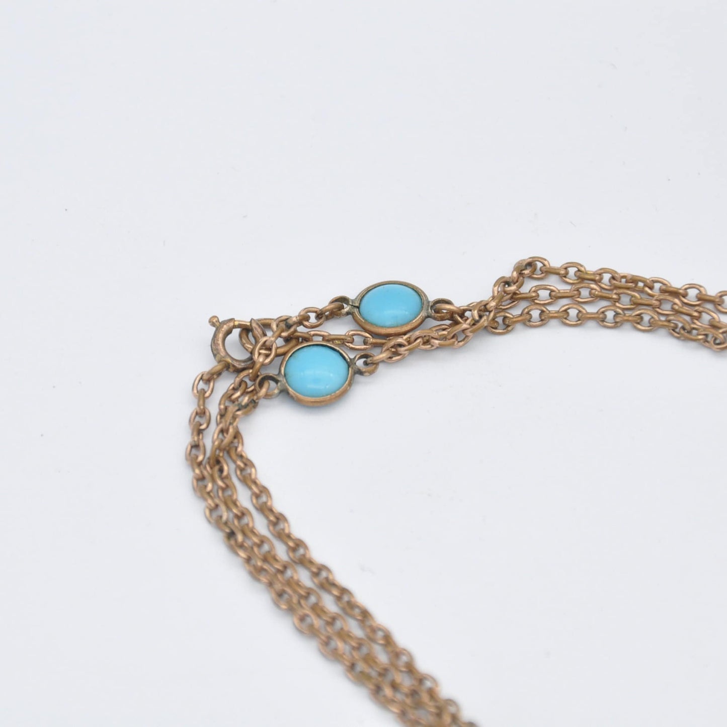 Vintage Rolled Gold Long Blue Glass Bead Chain Necklace - Turquoise Colour