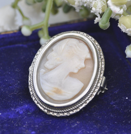 Vintage Silver Cameo Brooch or Pendant - Carved Shell Profile Portrait