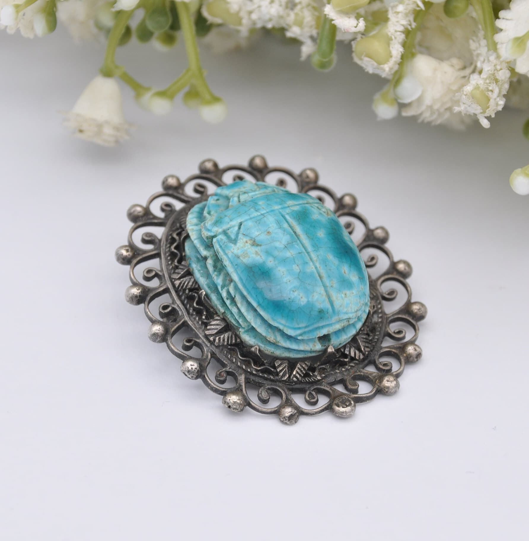 Vintage Egyptian Revival Silver Glazed Faience Scarab Brooch - Blue Beetle