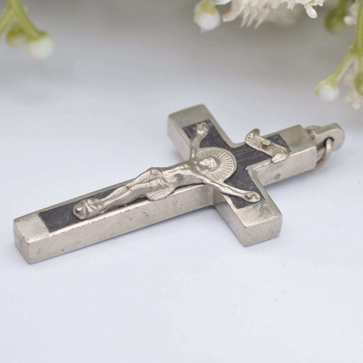 Vintage Wood Jesus on the Cross Pendant with Silver Tone Frame - INRI Cross