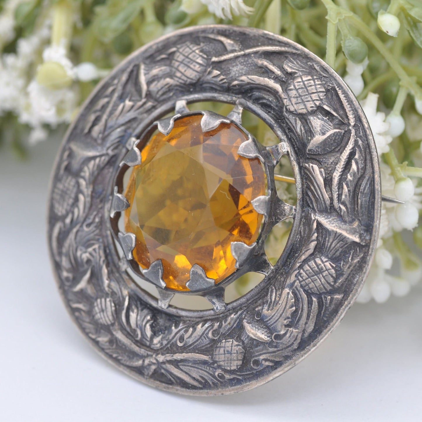 Vintage Scottish Thistle Sterling Silver Brooch by Shipton & Co - Chester Hallmarks 1951 | Large Celtic Circle with Citrine Paste