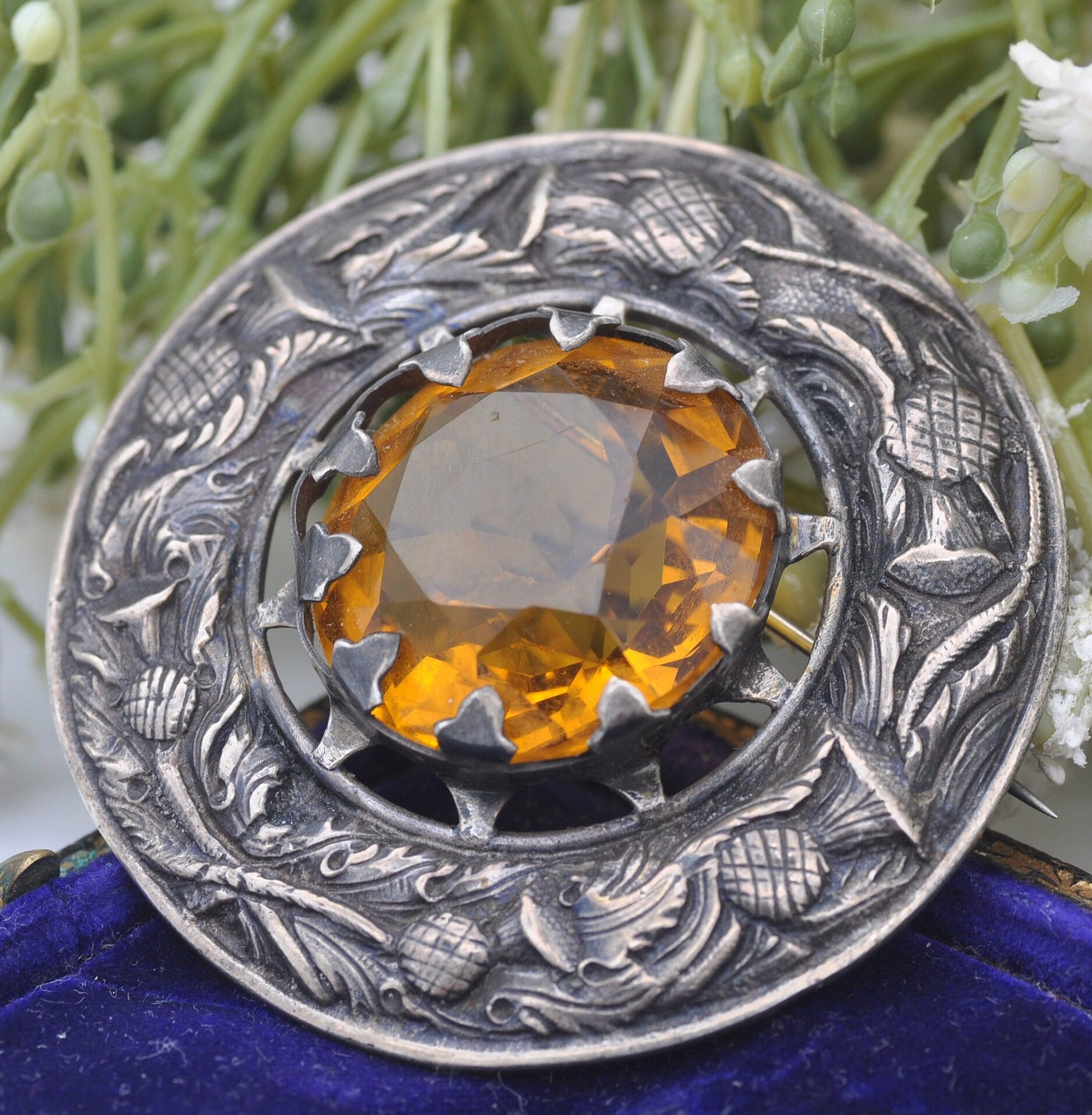 Vintage Scottish Thistle Sterling Silver Brooch by Shipton & Co - Chester Hallmarks 1951 | Large Celtic Circle with Citrine Paste