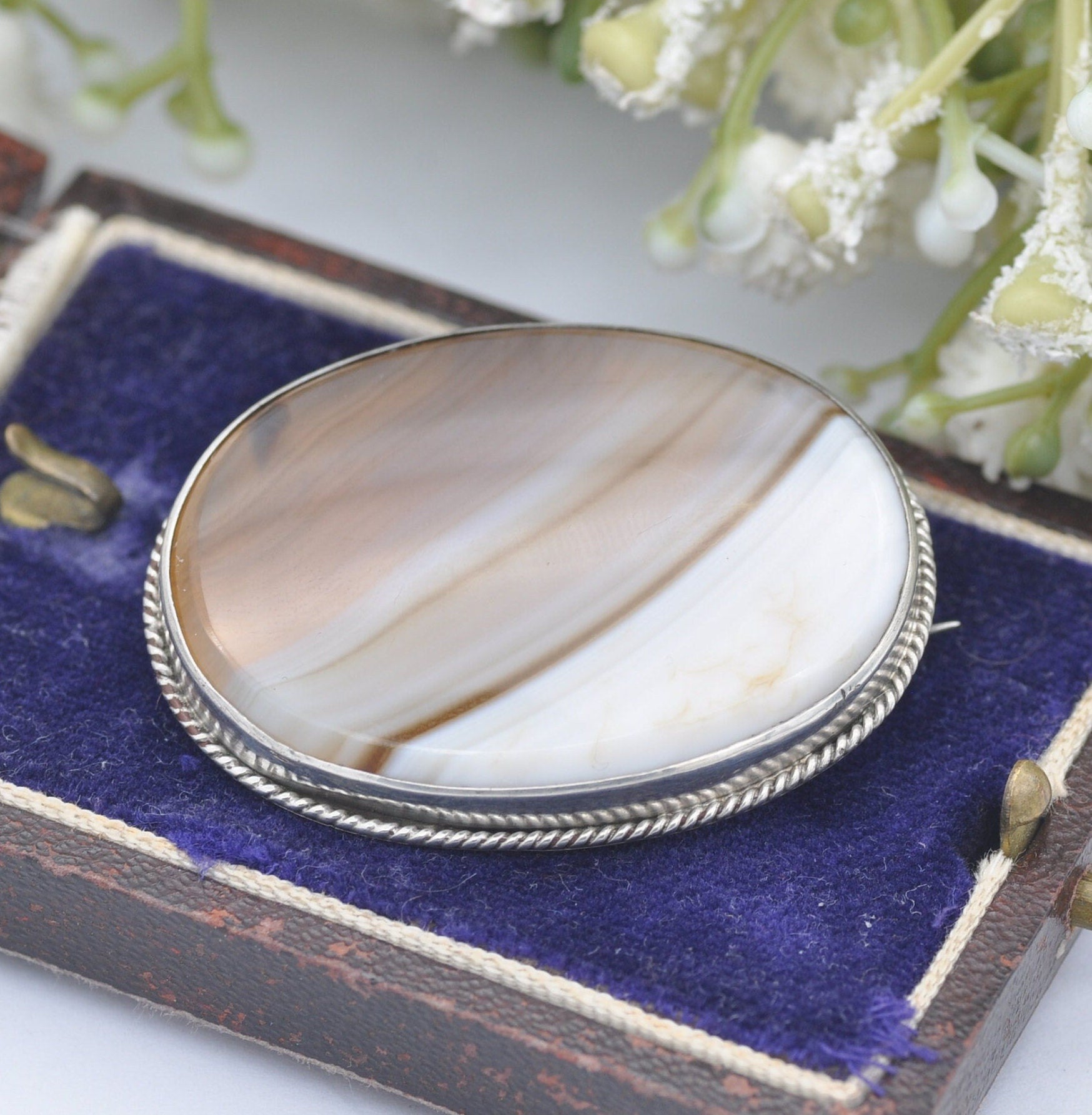 Antique Sterling Silver Banded Agate Brooch - Oval Brown Agate Stone