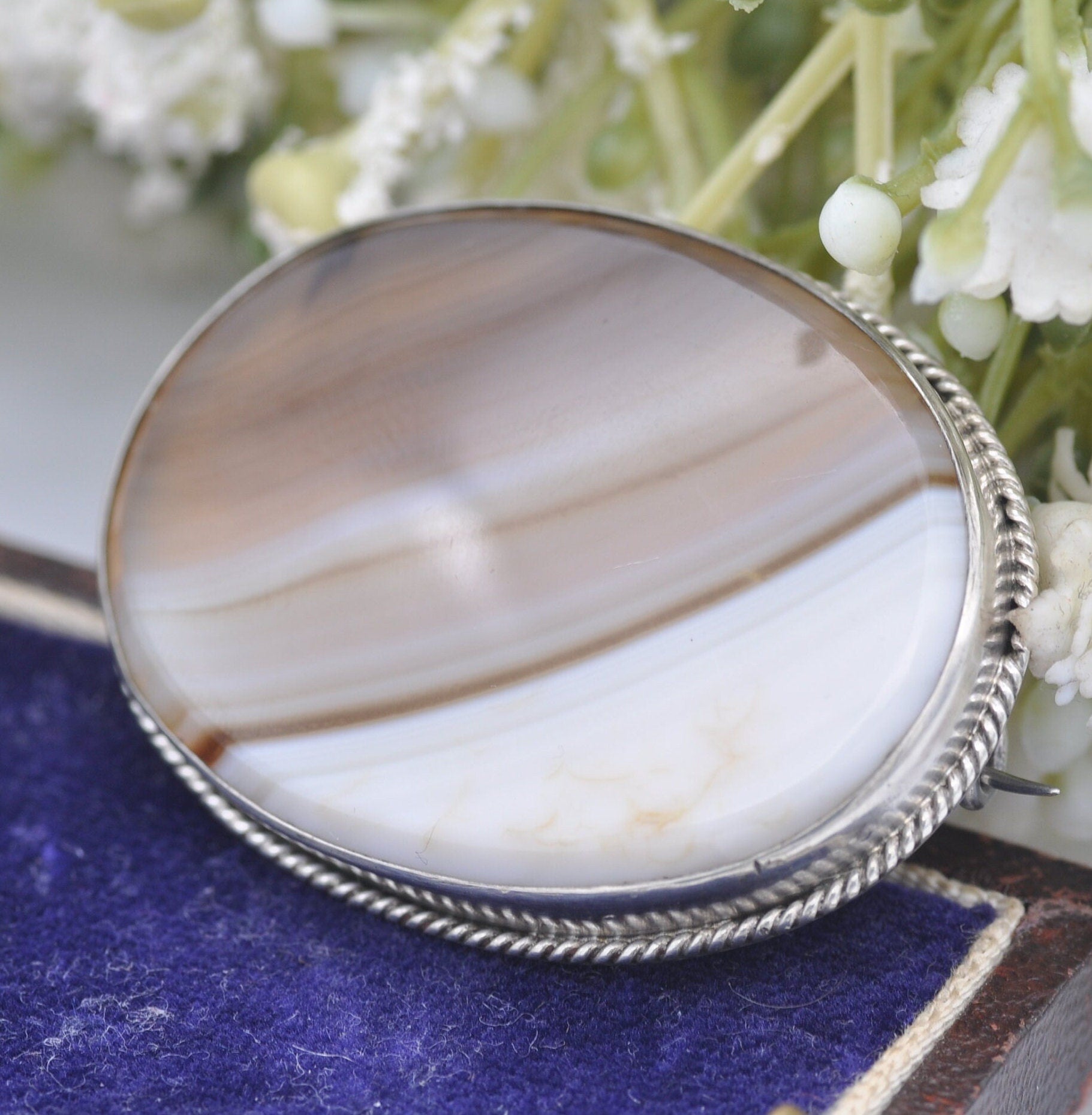 Antique Sterling Silver Banded Agate Brooch - Oval Brown Agate Stone